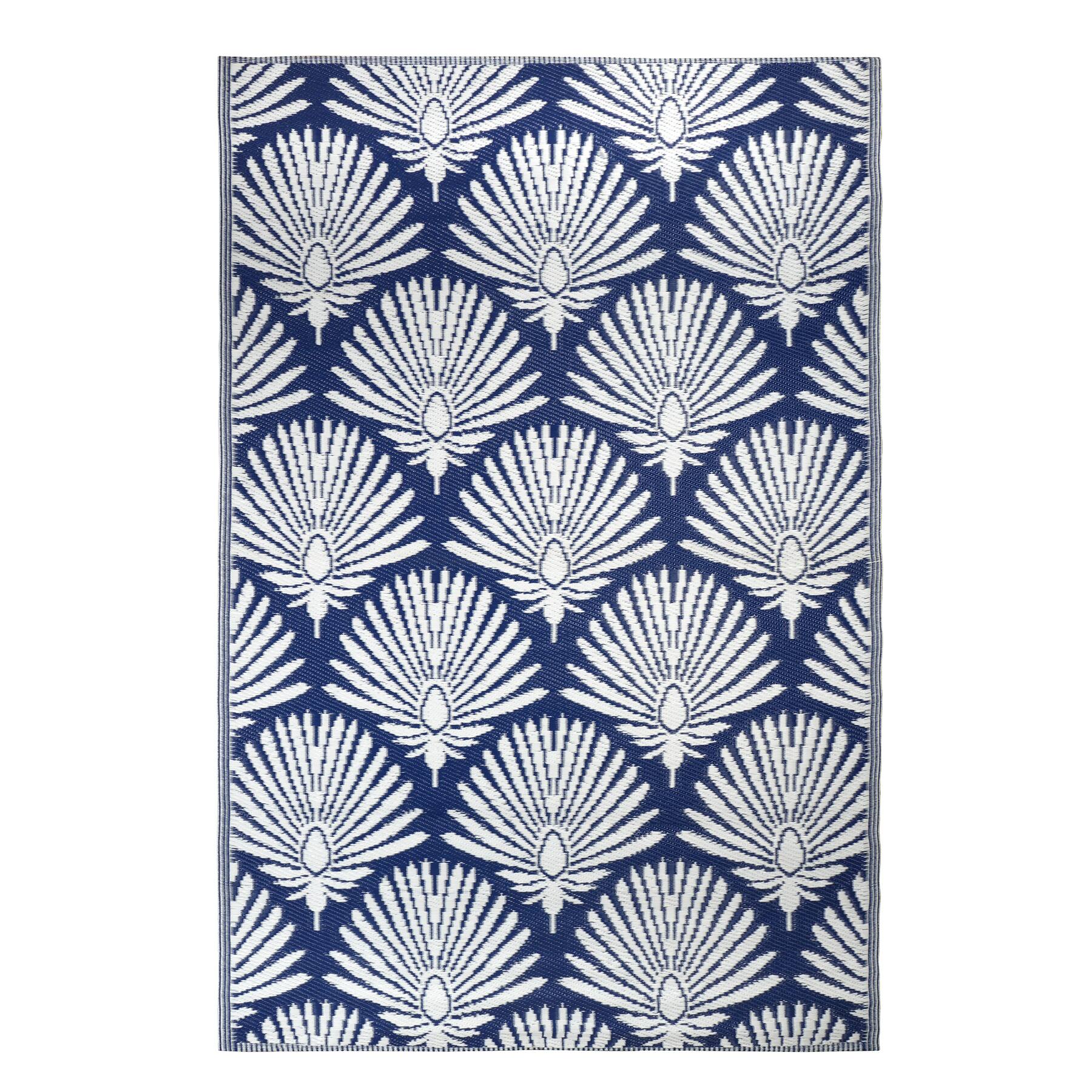 Blue & White Fan Palm Print Outdoor Rug by Ashland®