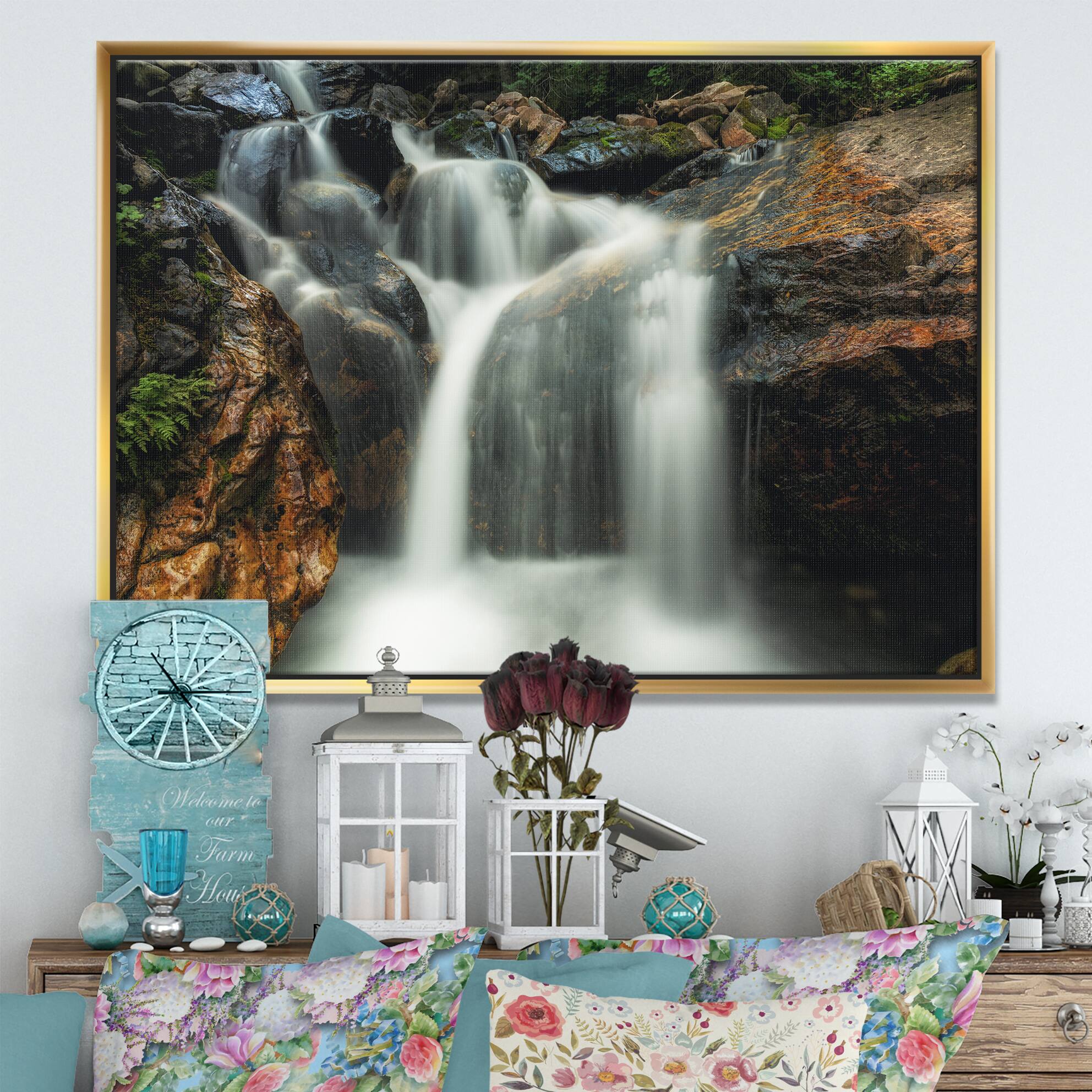 Designart - Slow Motion Waterfall on Rocks - Landscape Framed Canvas Art Print