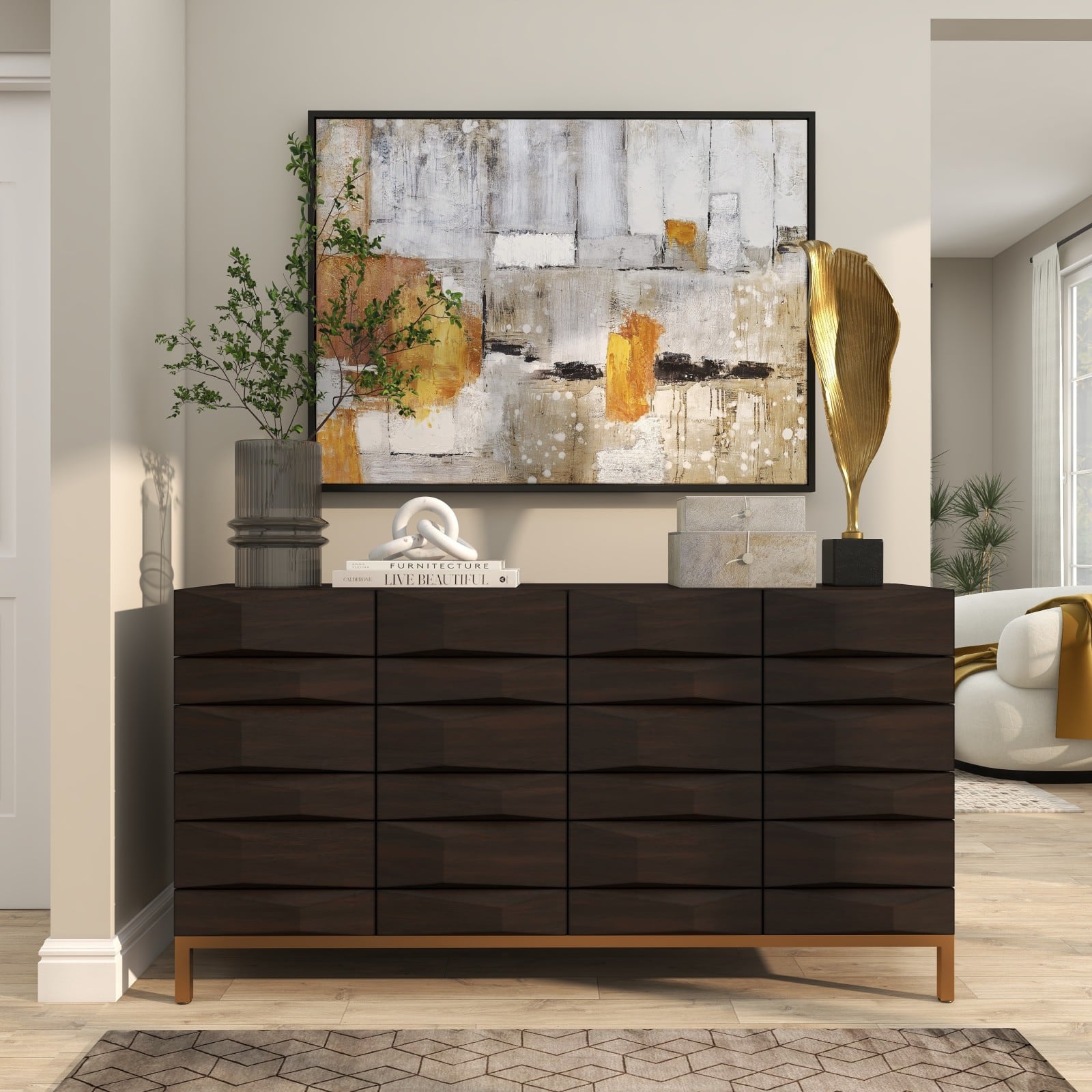 12" Gray Glass Wide Ribbed Vase with Fluted Center