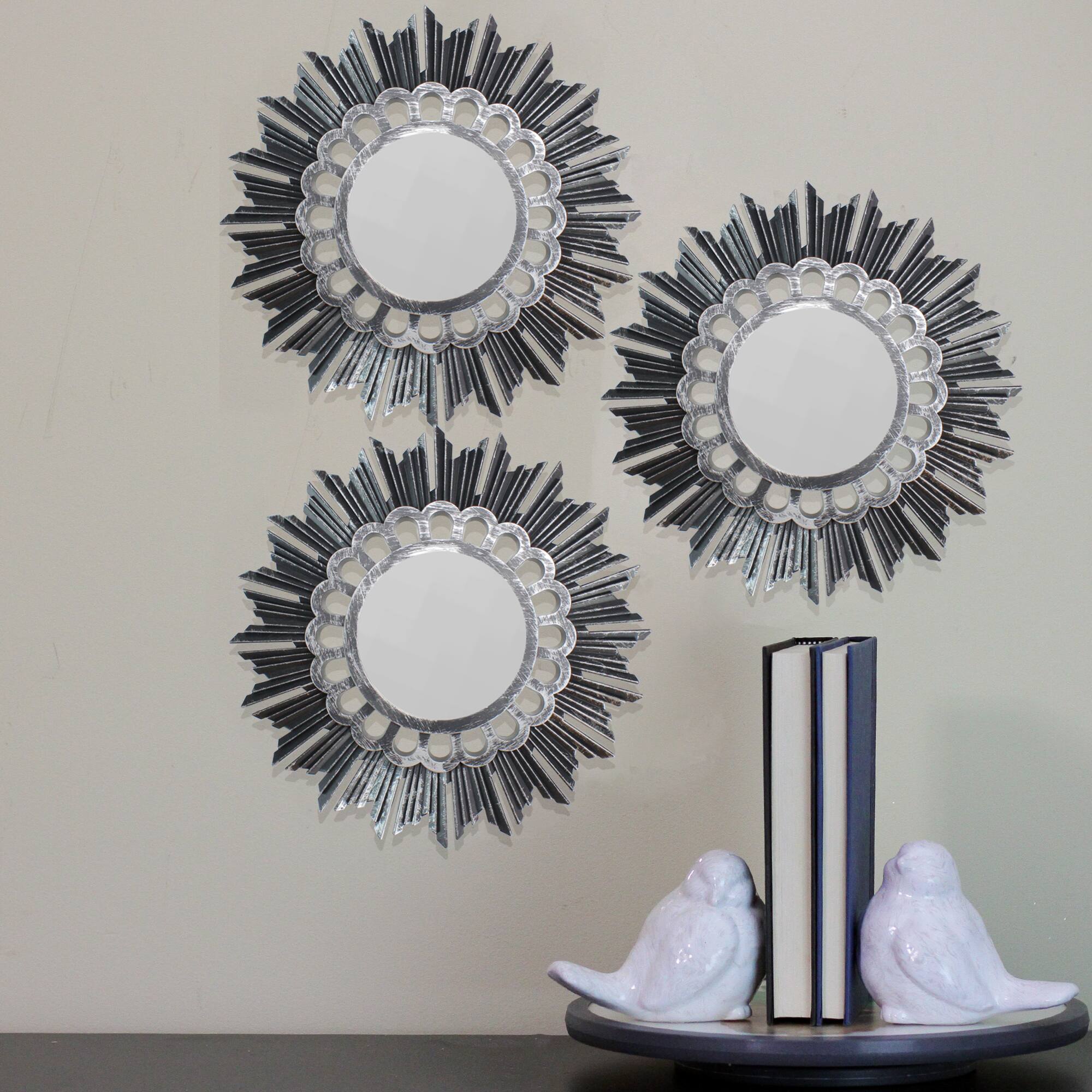 9.5&#x22; Brushed Silver Floral Sunburst Mirrors, 3ct.
