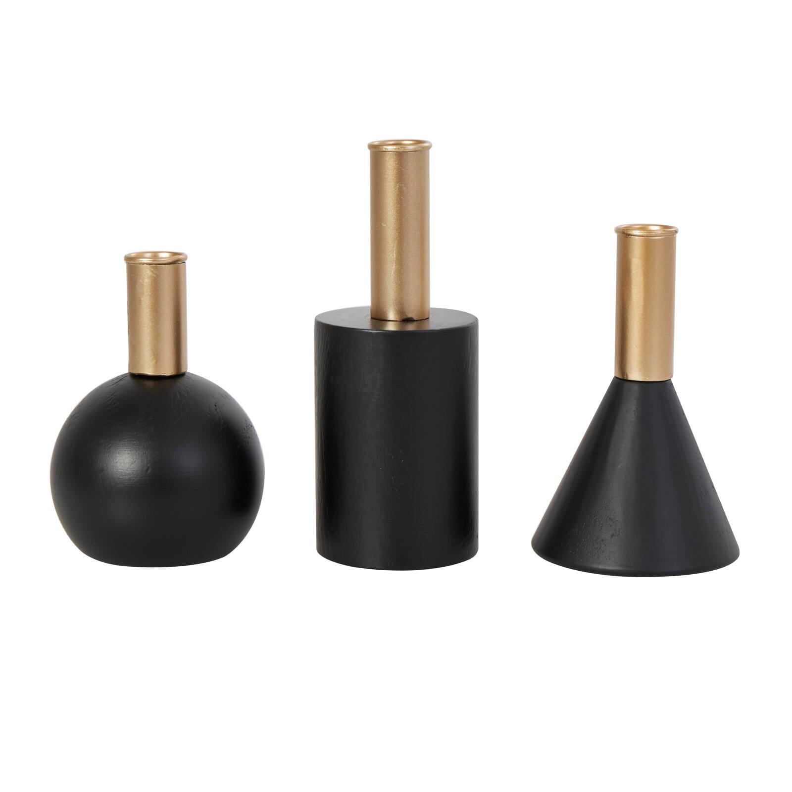 Black Wood Geometric Candle Holder Set
