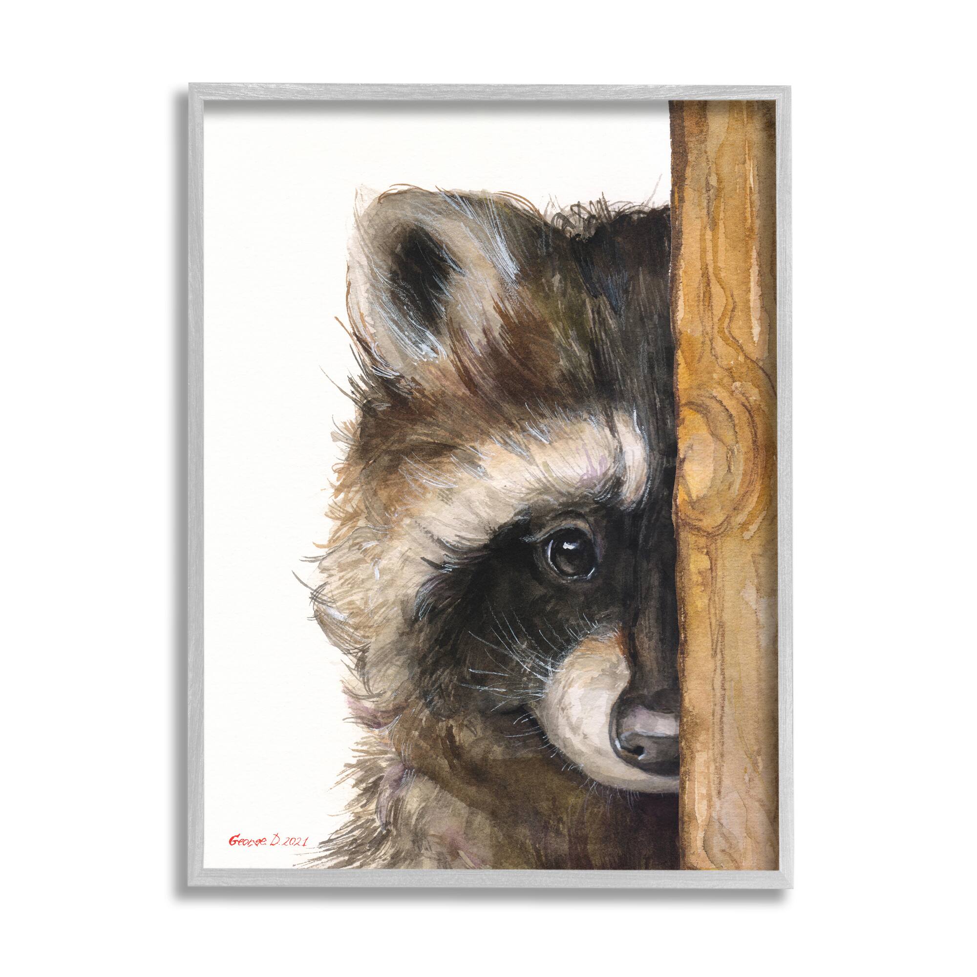 Stupell Industries Raccoon with Wood Fence Illustration Framed Giclee Art