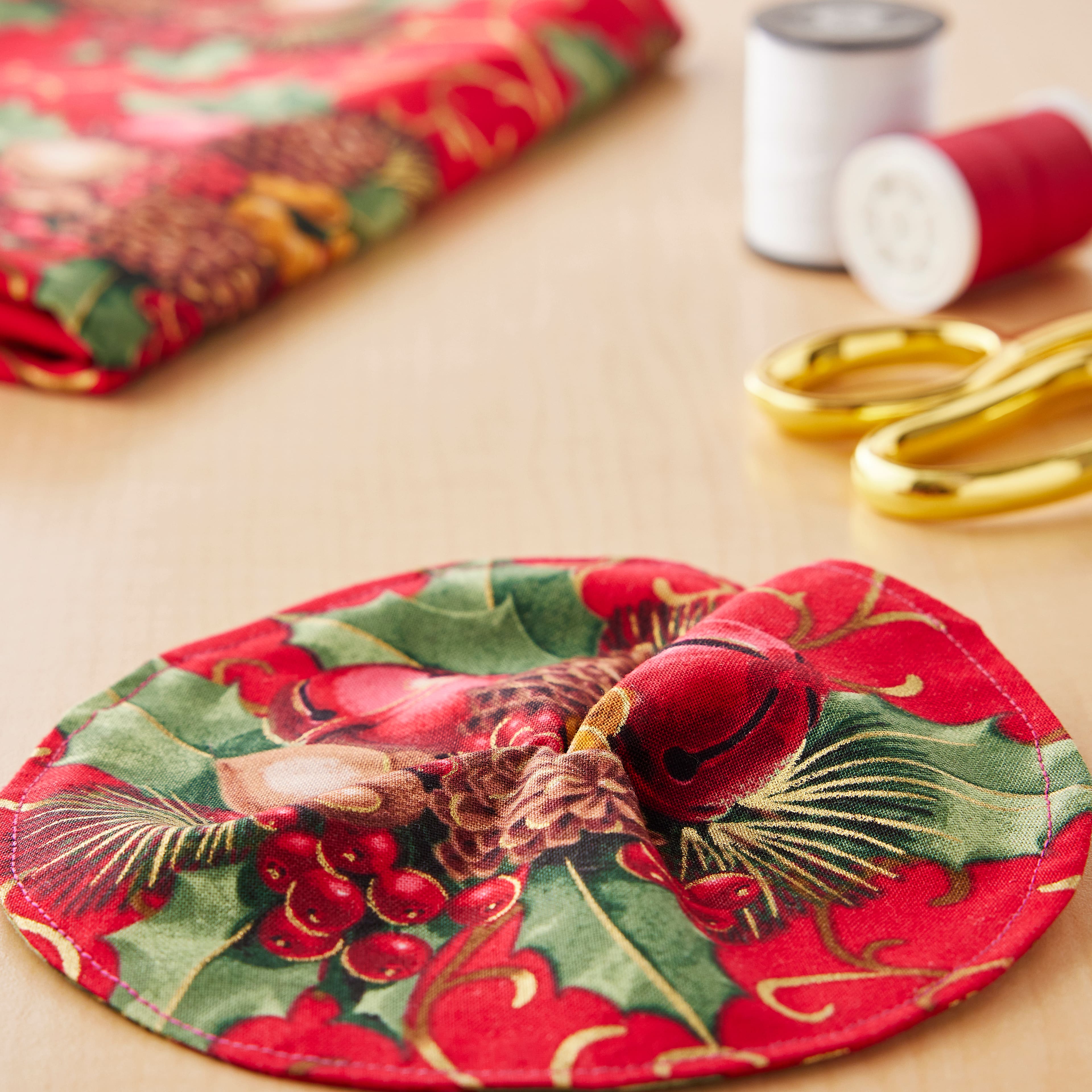 Fabric Traditions Christmas Red Glitter Berries & Bells Cotton Fabric