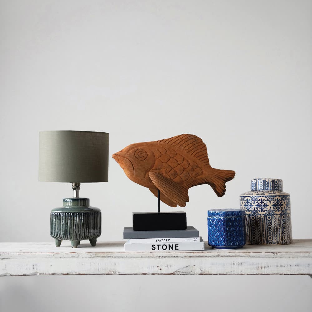 Hello Honey® 17.5" Green Reactive Glaze Footed Debossed Stoneware Table Lamp with Linen Shade