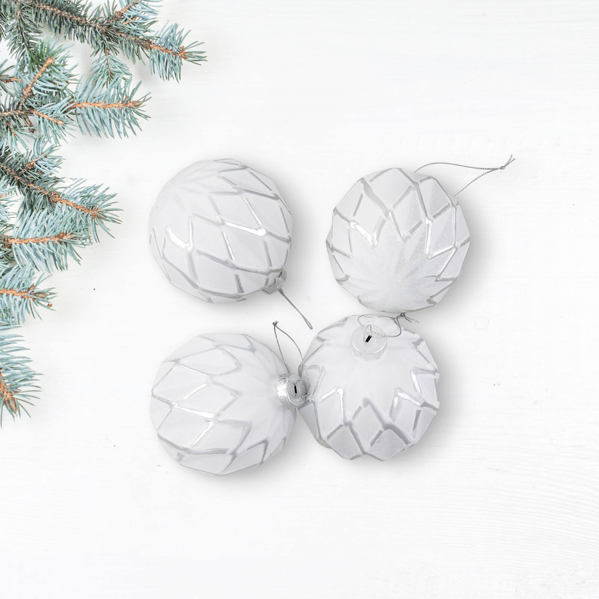 Embossed Diamond Christmas Glass Ball Ornaments - 4" (100mm) - White - 4ct