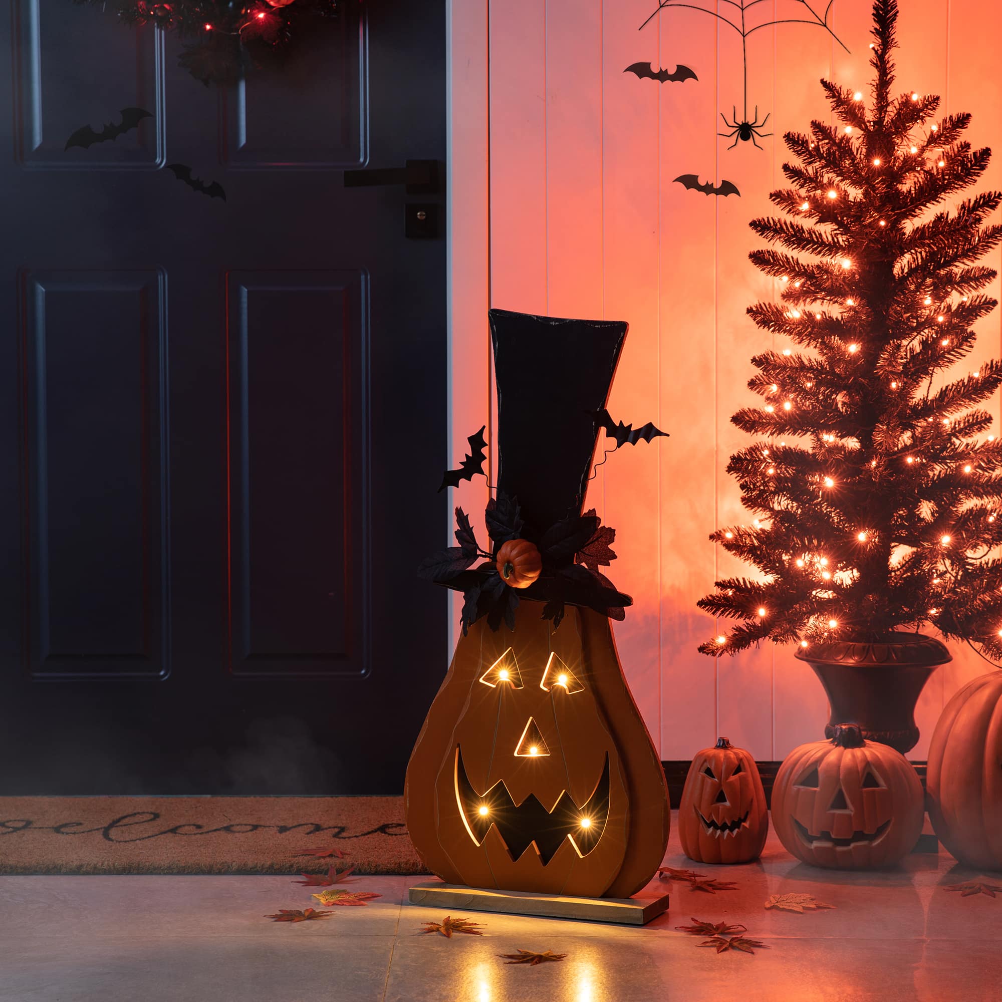 Glitzhome&#xAE; 30&#x22; Halloween Lighted Wood Floral Jack-O&#x27;-Lantern Porch D&#xE9;cor with Timer