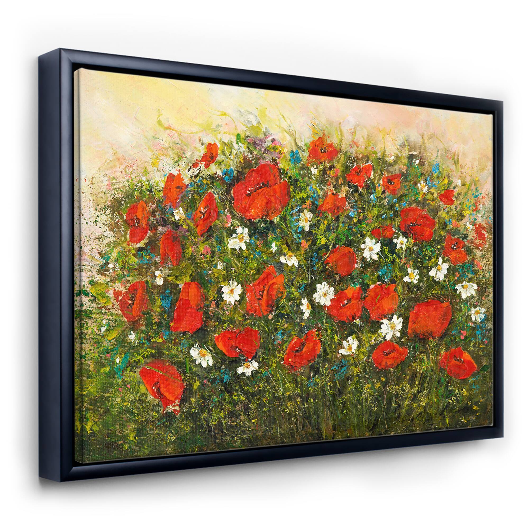 Designart - Blossoming Red Flower Fields - Farmhouse Canvas Wall Art Print in Black Frame