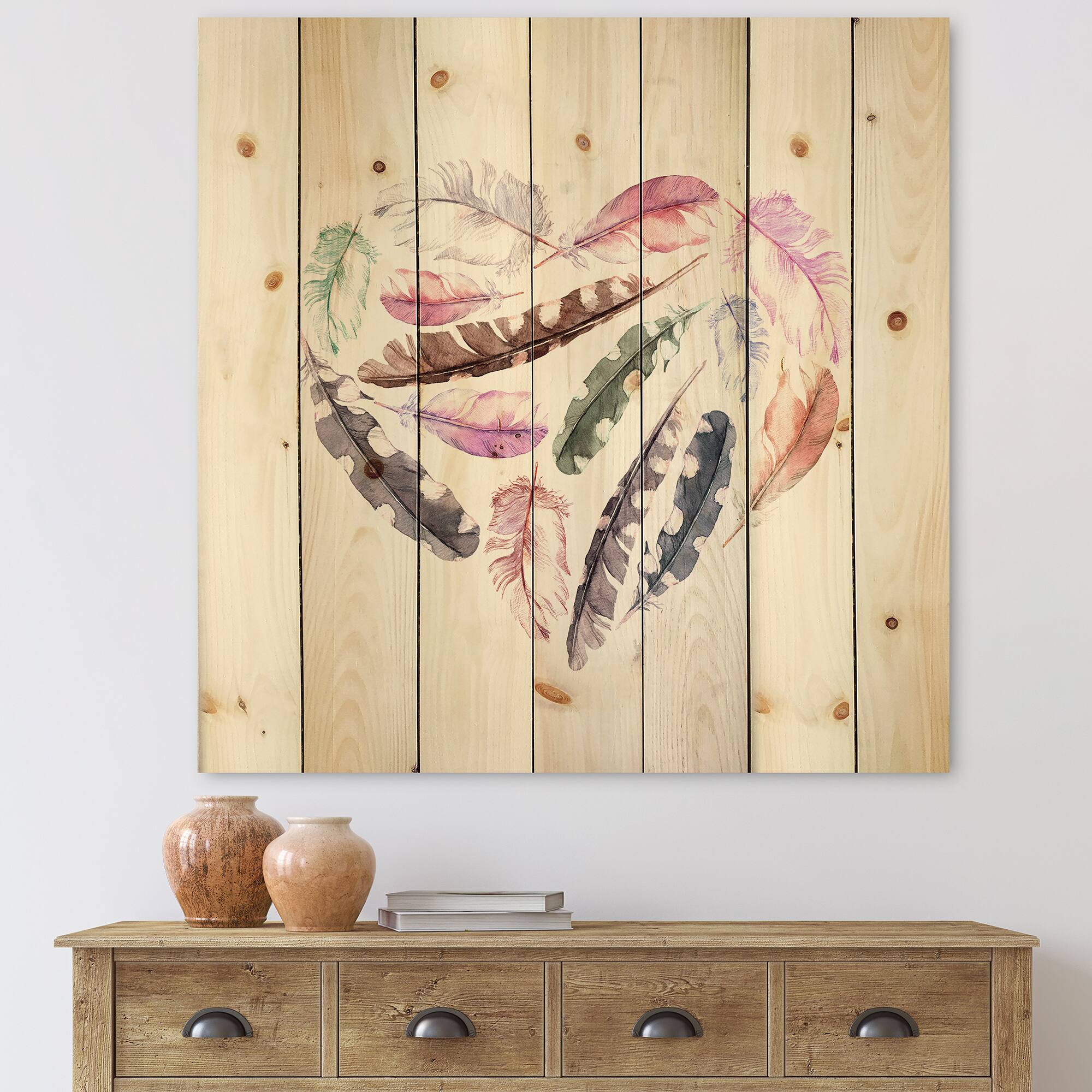 Designart - Retro Heart With Pink Bird Feathers - Bohemian & Eclectic Print on Natural Pine Wood