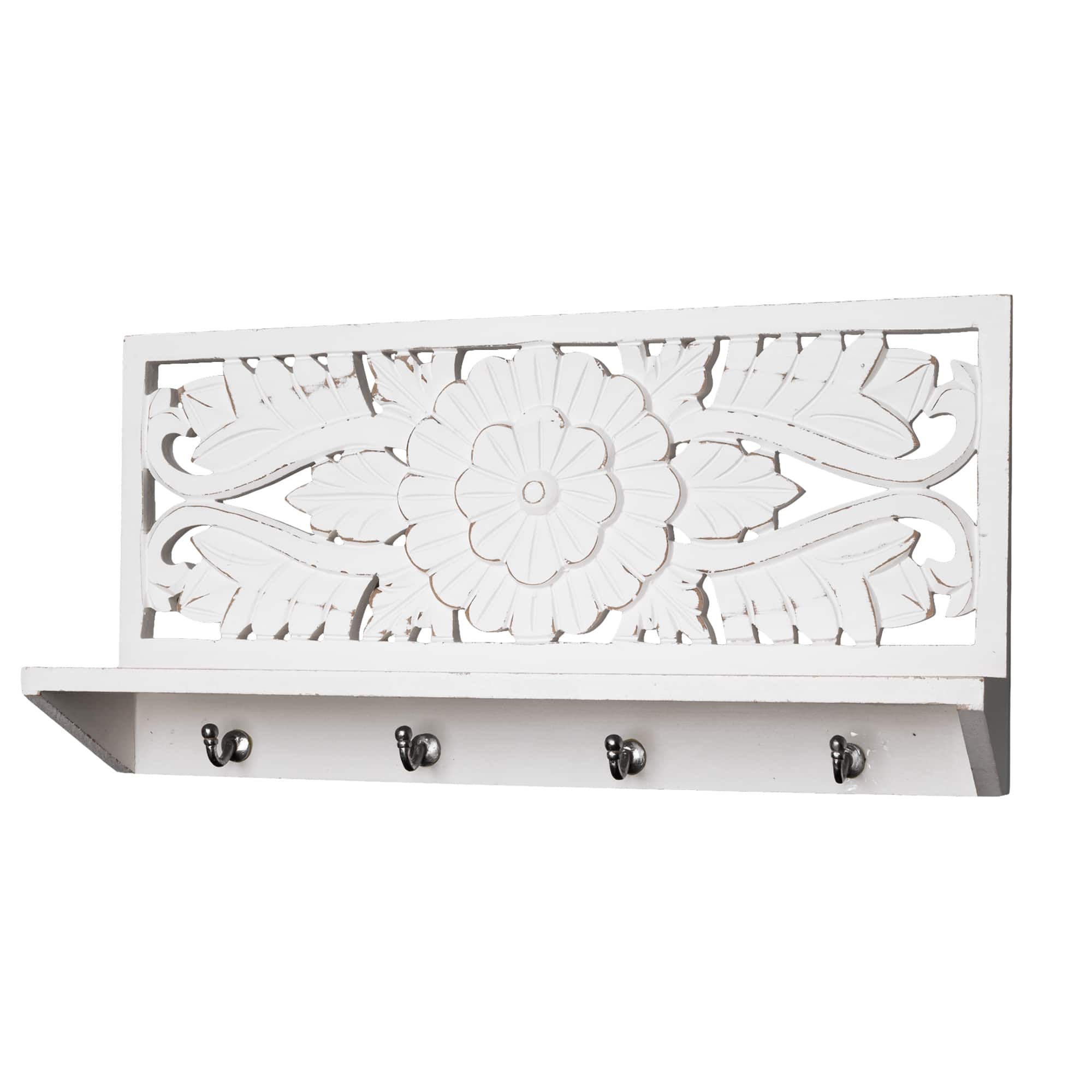 24&#x22; White Carved Wooden Wall Shelf &#x26; Coat Rack