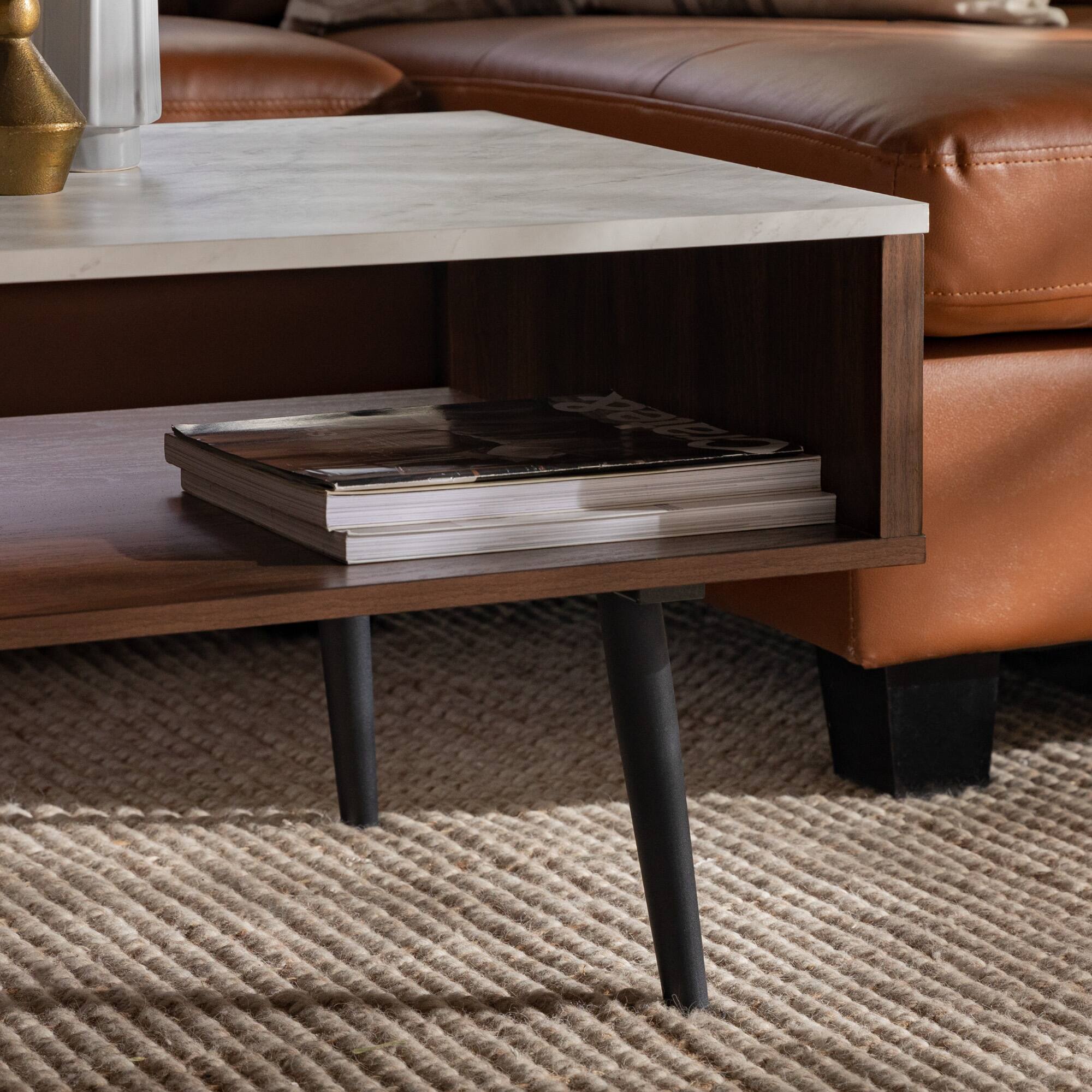 Dark Walnut Mid Century Modern Faux Marble Coffee Table