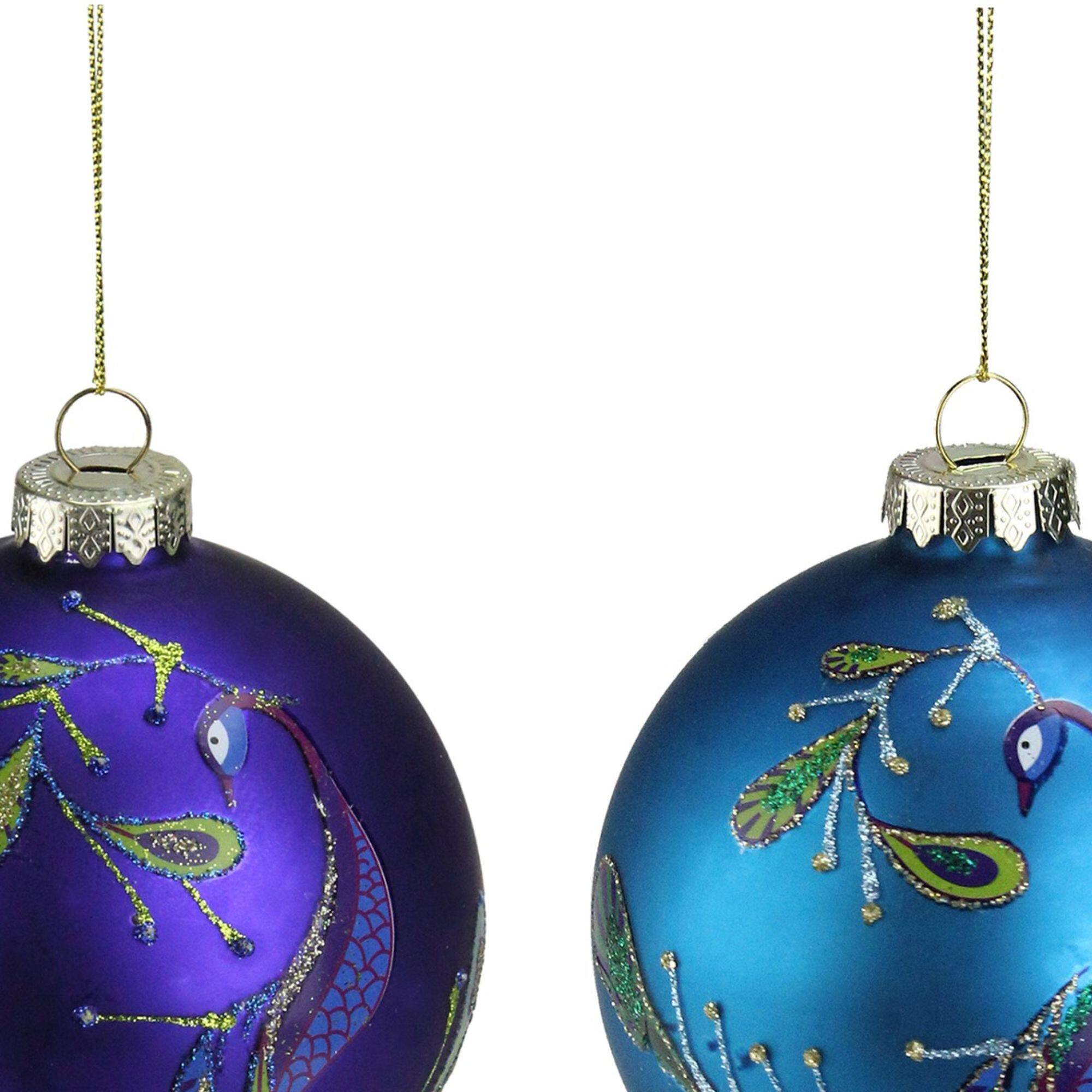 2ct. 4" Purple & Blue 2-Finish Peacock Glass Ball Ornaments