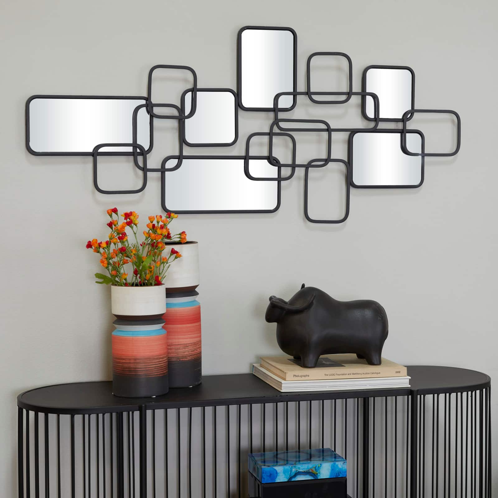 Black Metal Contemporary Abstract Wall Mirror, 46&#x22; x 0&#x22; x 21&#x22;