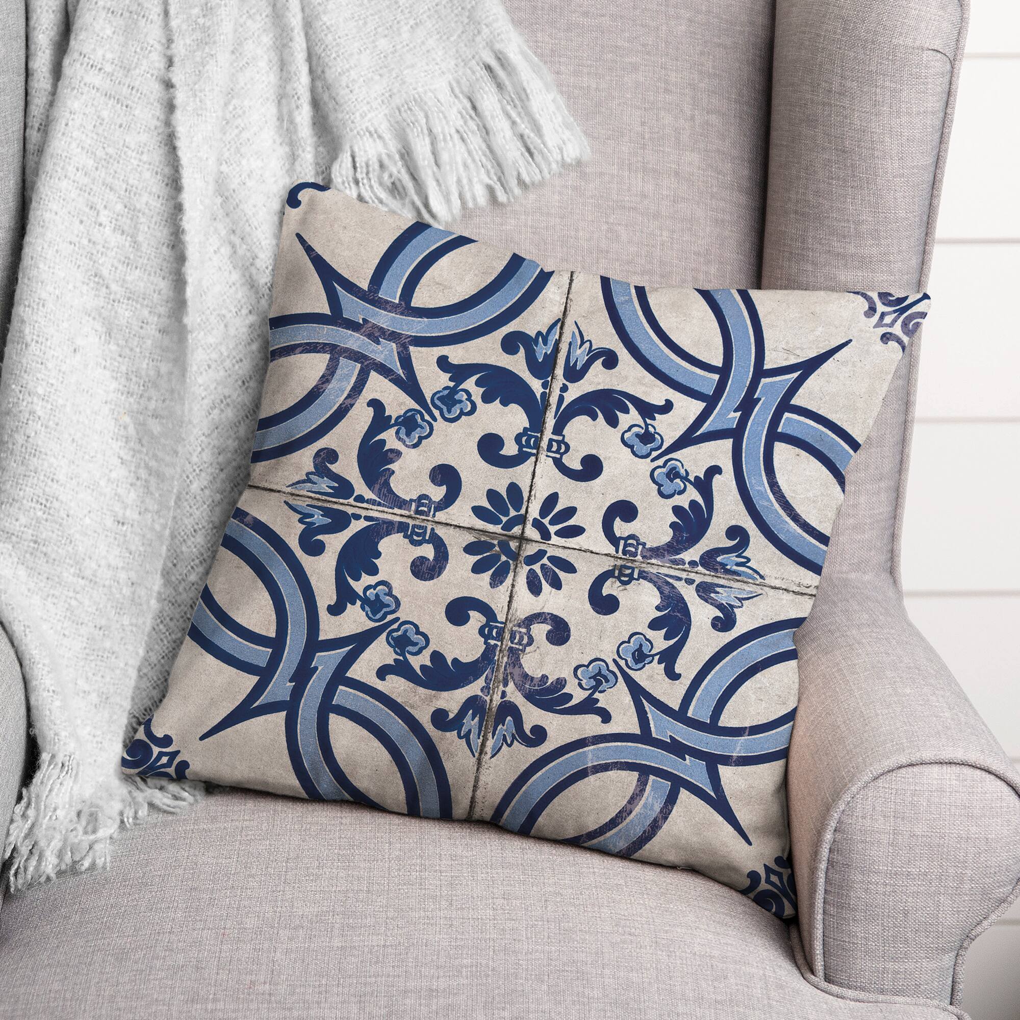 Blue Tile Pattern Throw Pillow 18" x 18"