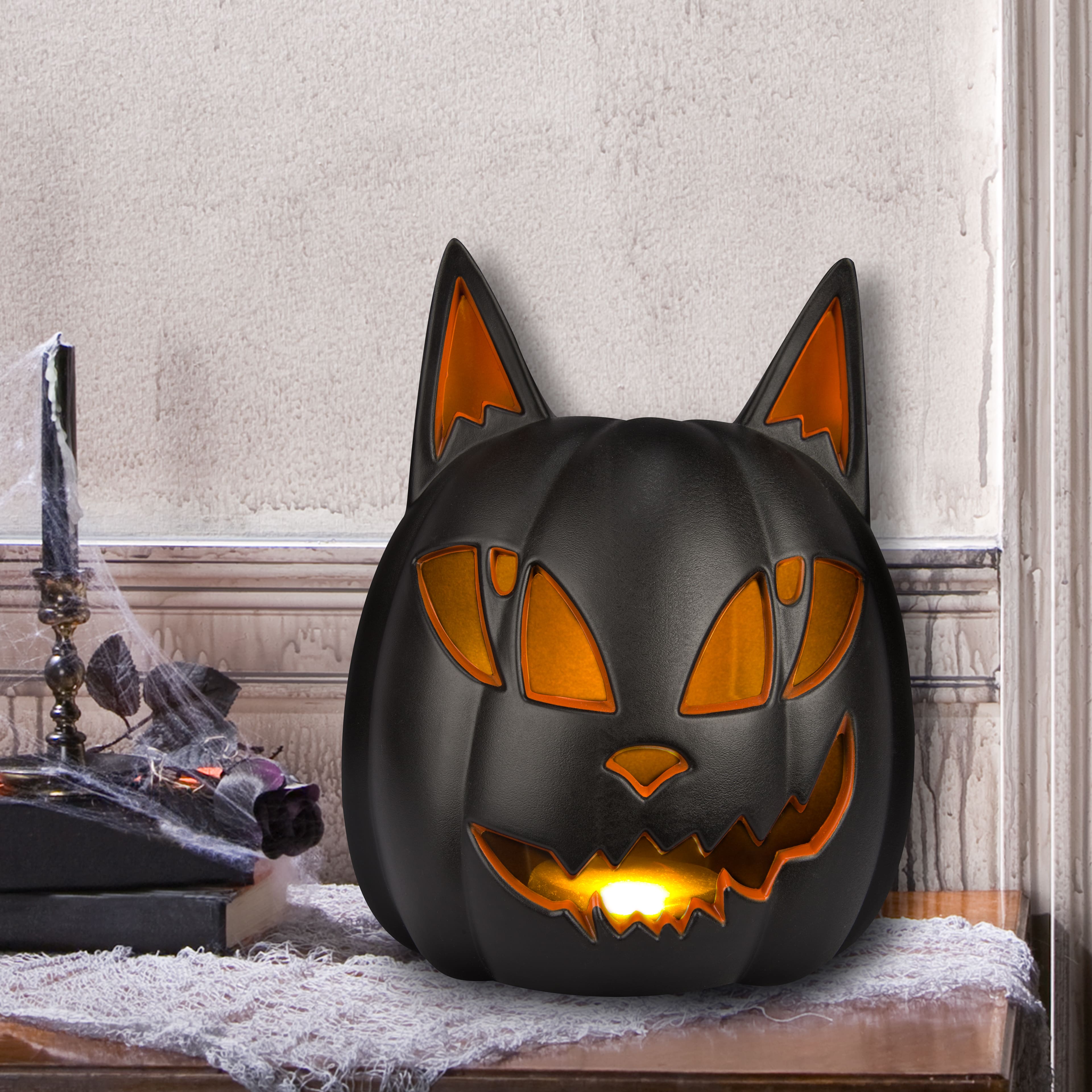 12&#x22; Light Up Black Cat Jack-o&#x27;-Lantern Blow Mold with Flickering Orange &#x26; Yellow Light by Ashland&#xAE;