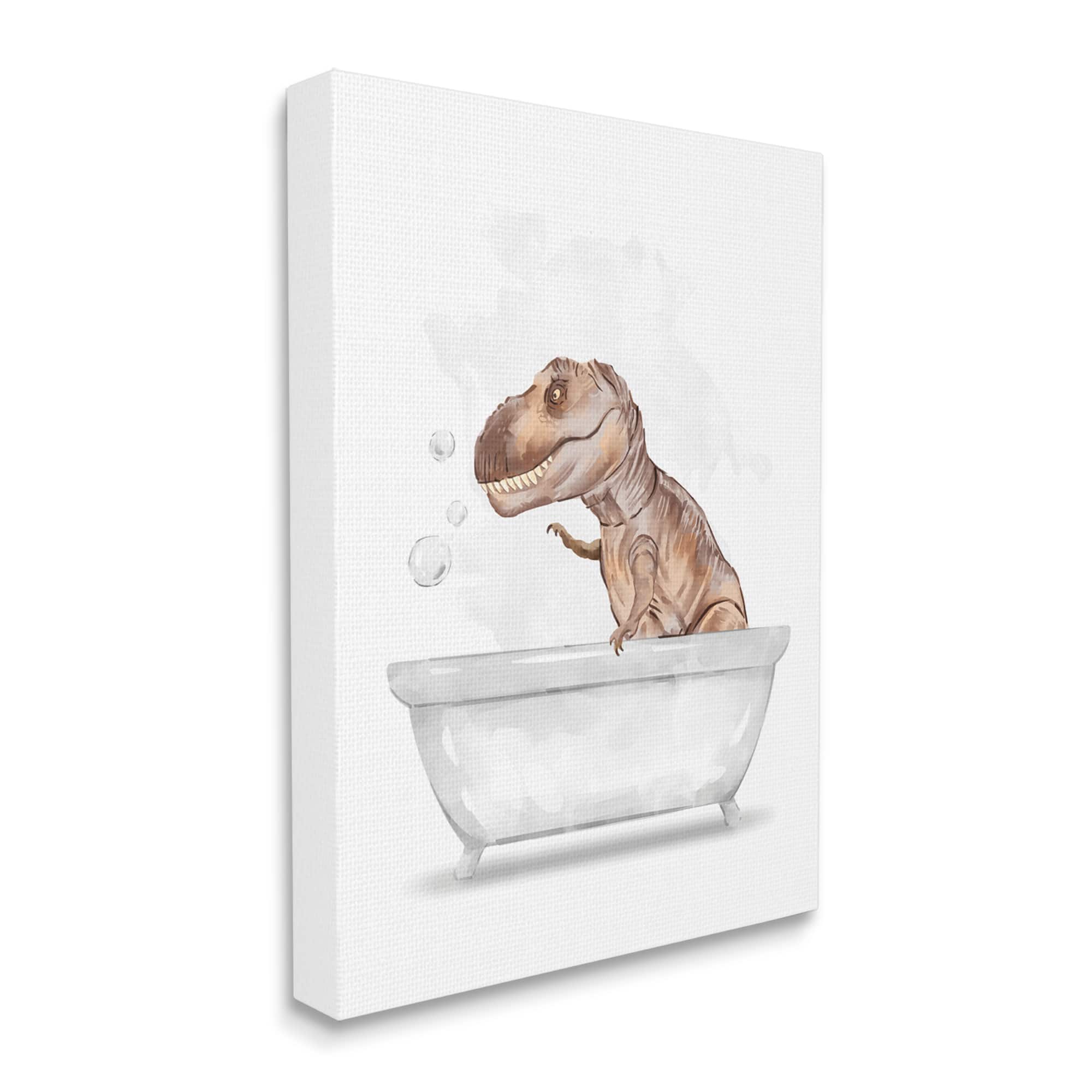 Stupell Industries T-Rex Dinosaur in Bubble Bath White Brown Canvas Wall Art 