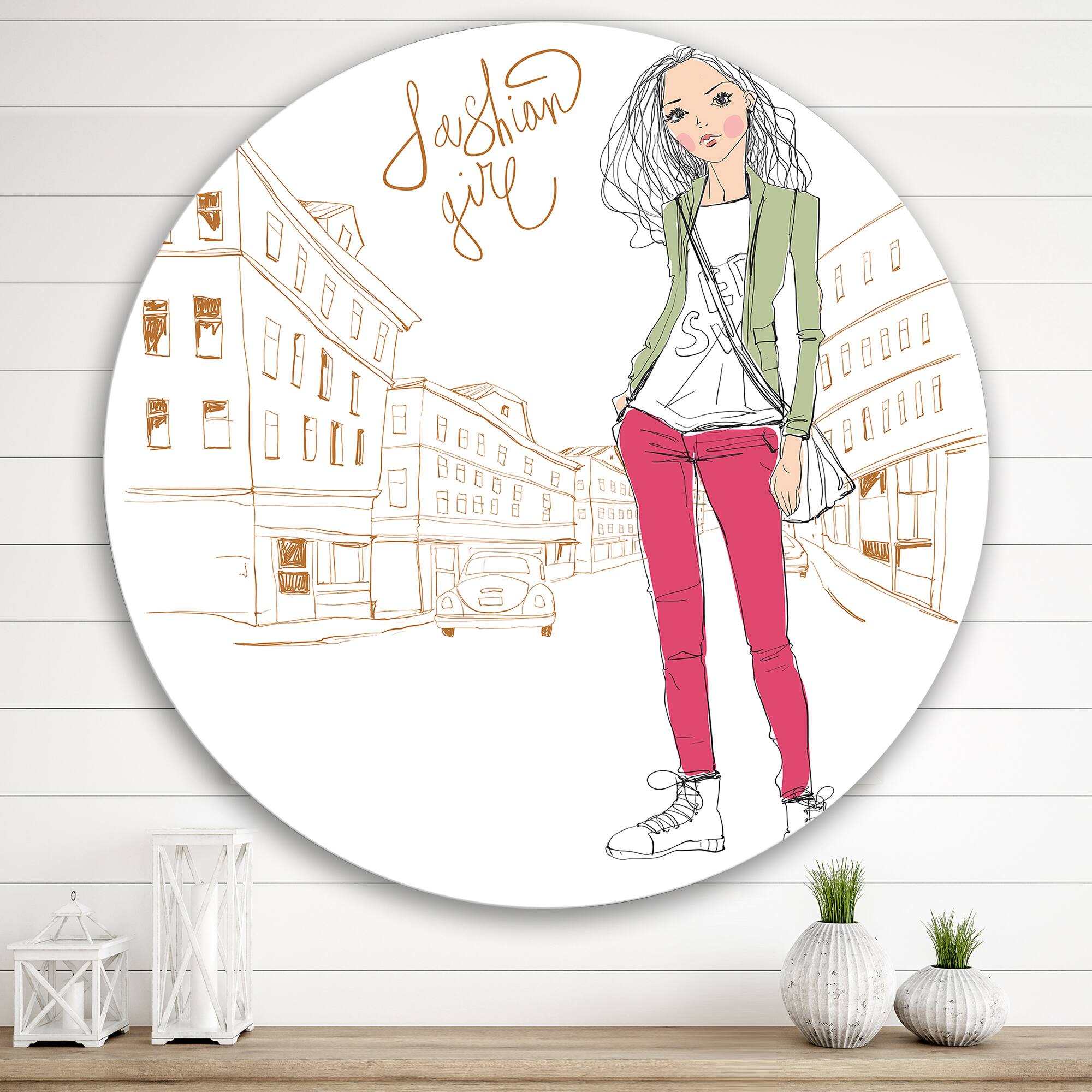 Designart - Trendy Fashion Girl II - Children&#x27;s Art Metal Circle Wall Art