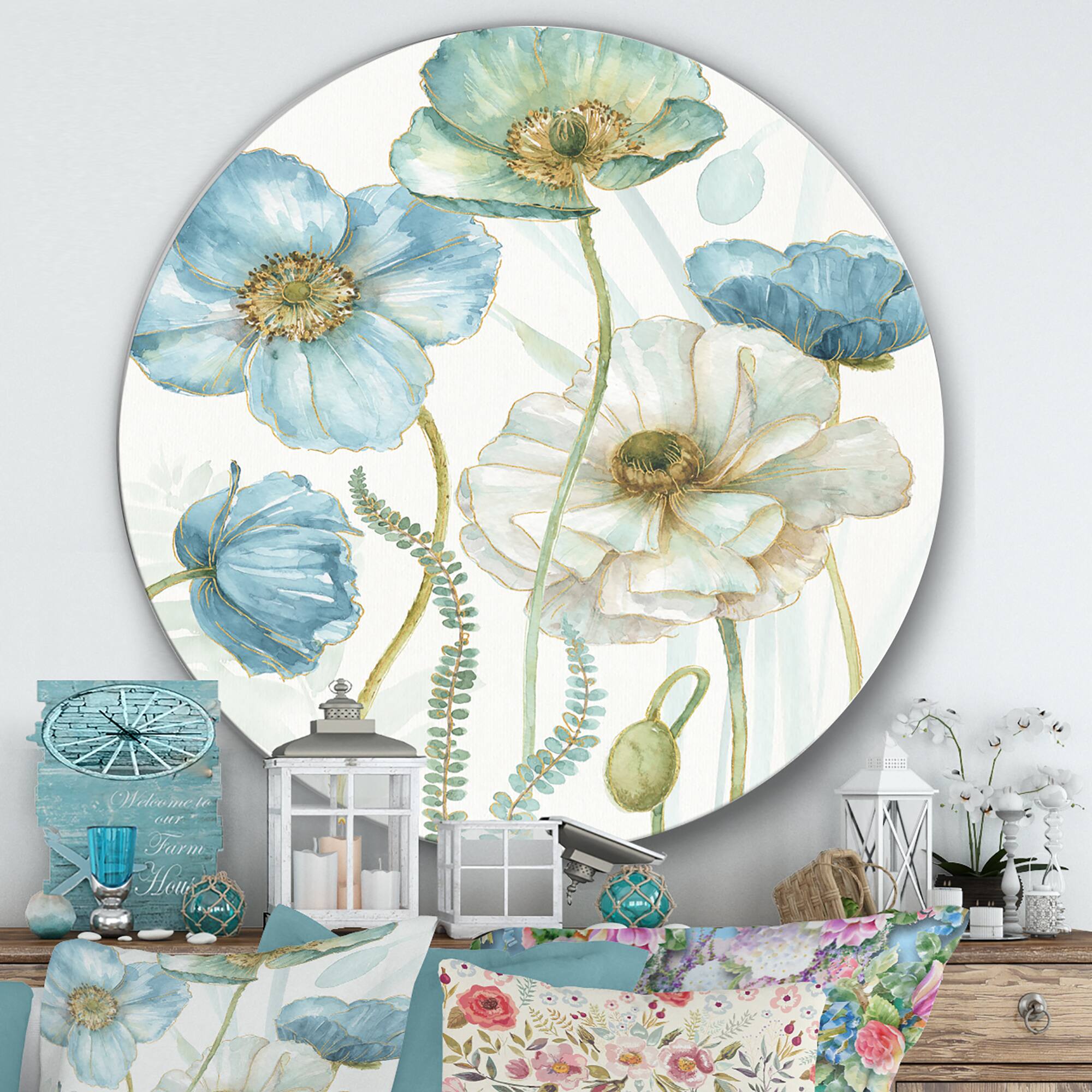 Designart - Blue Cottage Flowers Drawing II - Farmhouse Metal Circle Wall Art