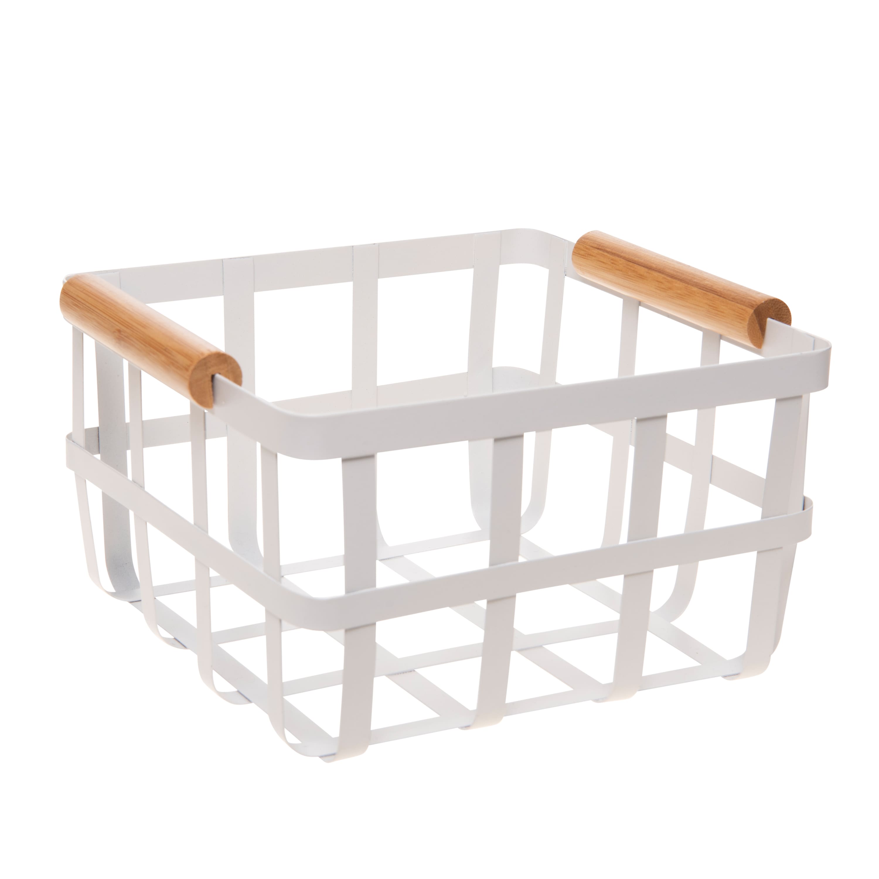 Simplify Small Square White Metal Basket with Bamboo Handles