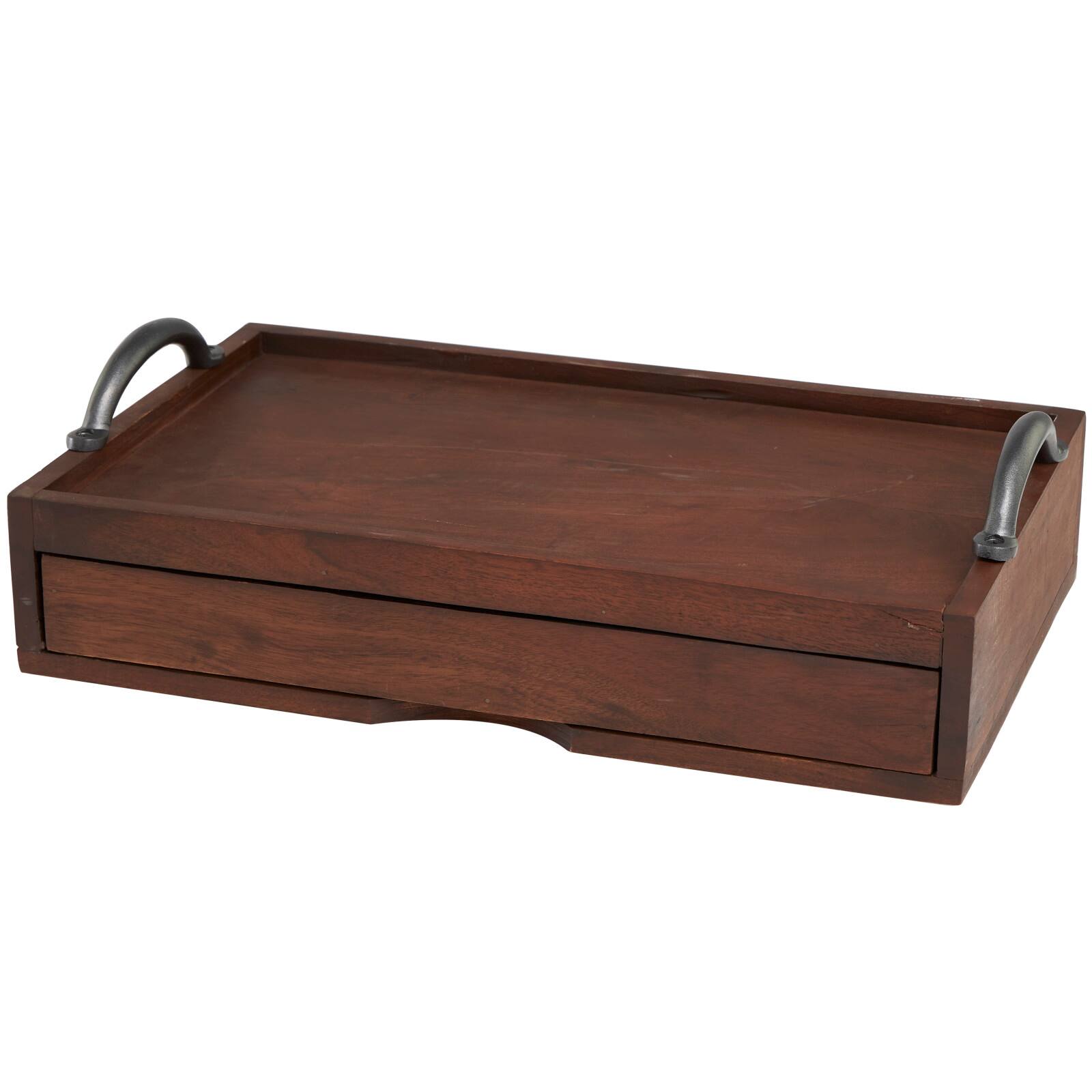 18&#x22; Brown Wood Hidden Drawer Tray with Black Metal Handles