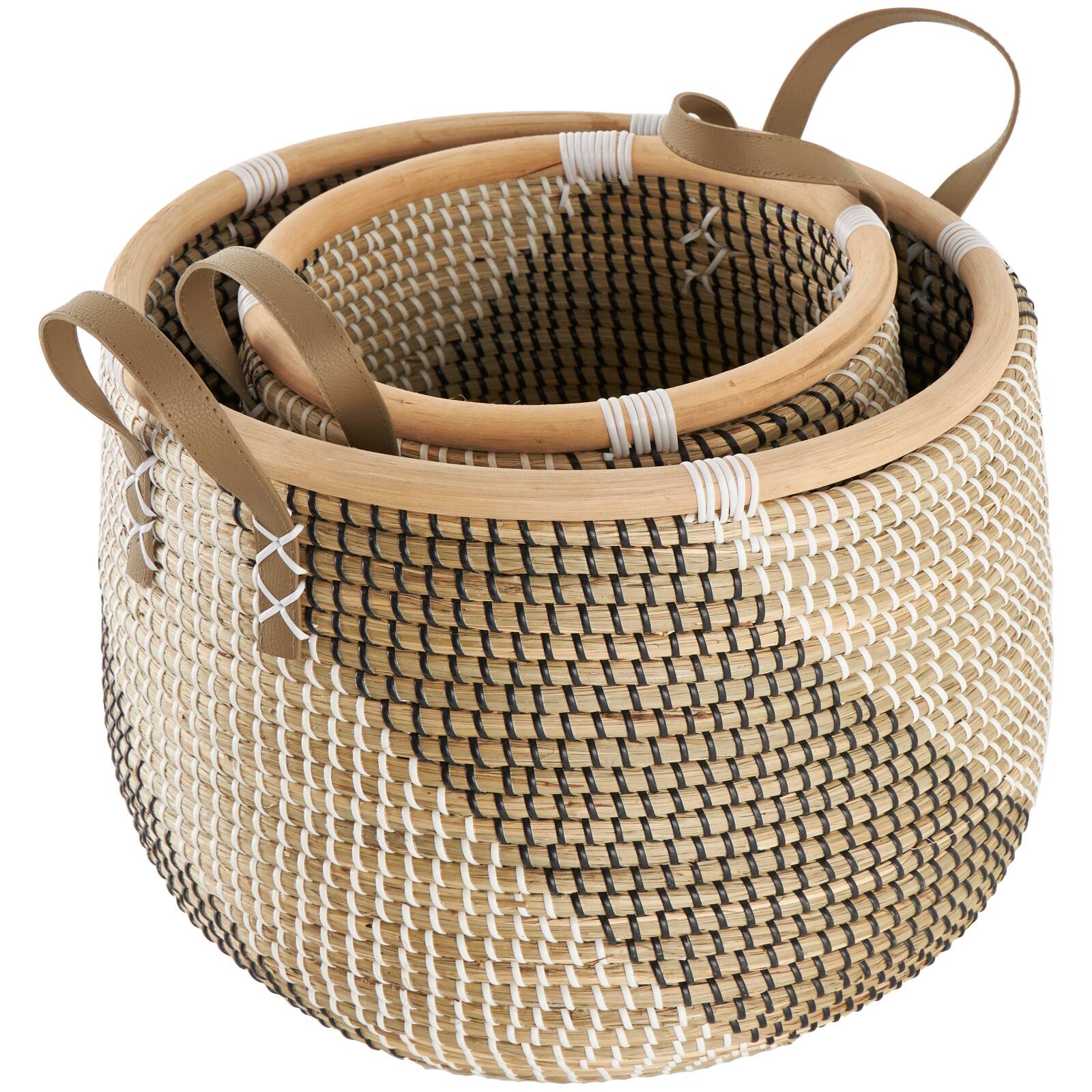 Brown Round Seagrass Handmade Striped Storage Basket Set