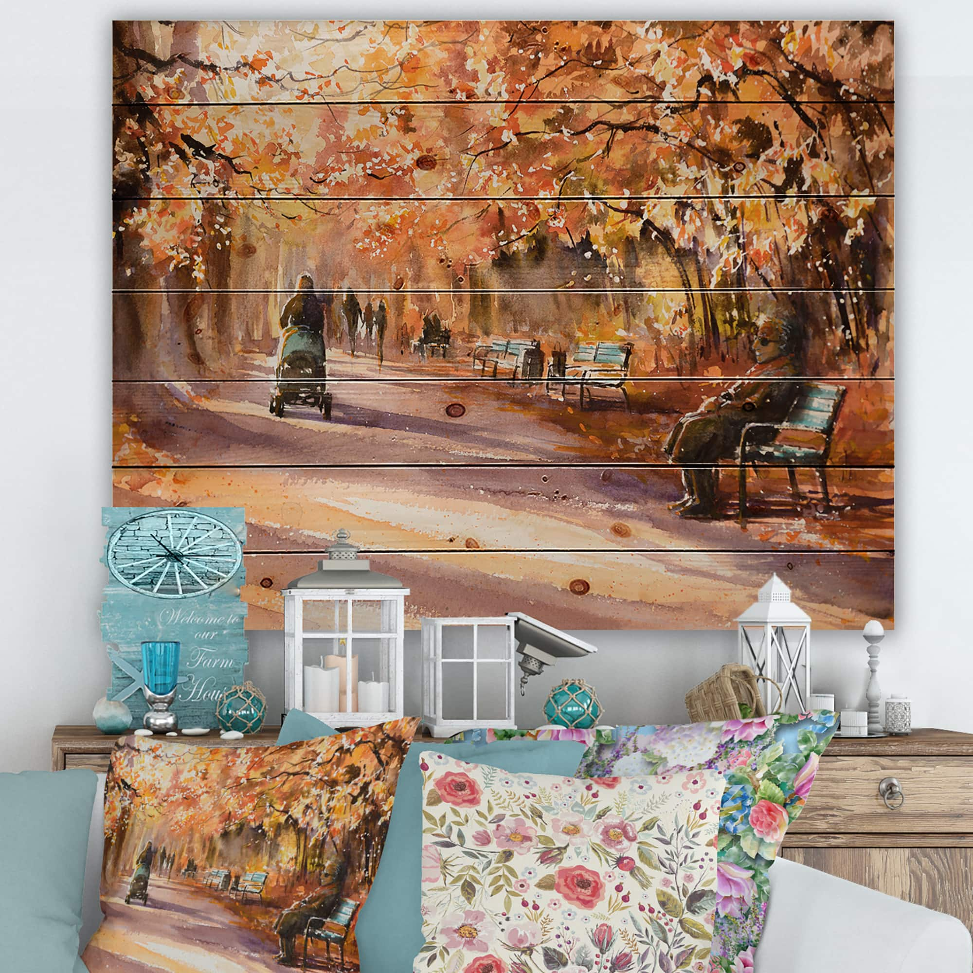 Designart - Road In The Park In Sunny Autumn Day - Country Print on Natural Pine Wood