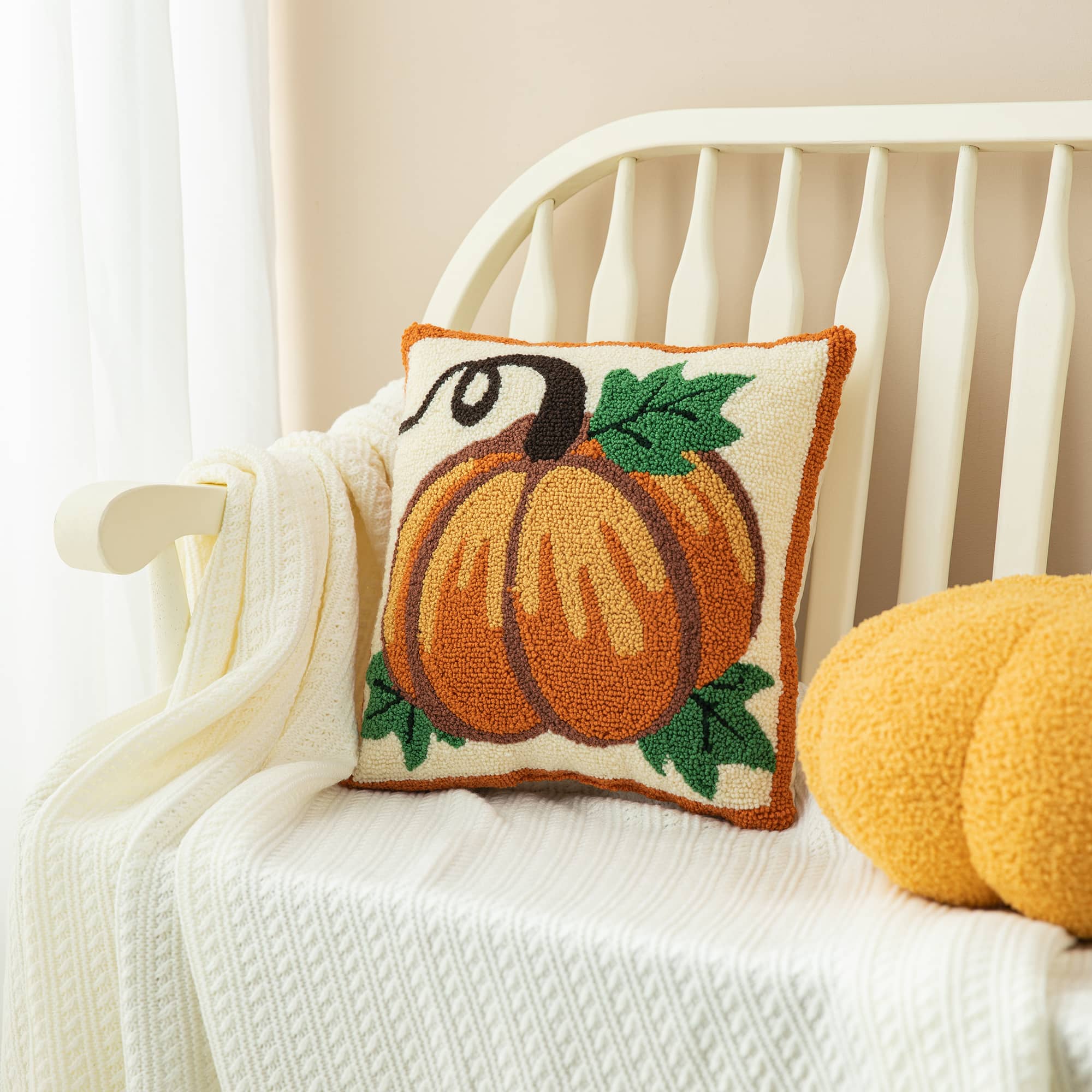 Glitzhome&#xAE; 14&#x22; Fall Hooked Pumpkin Pillow