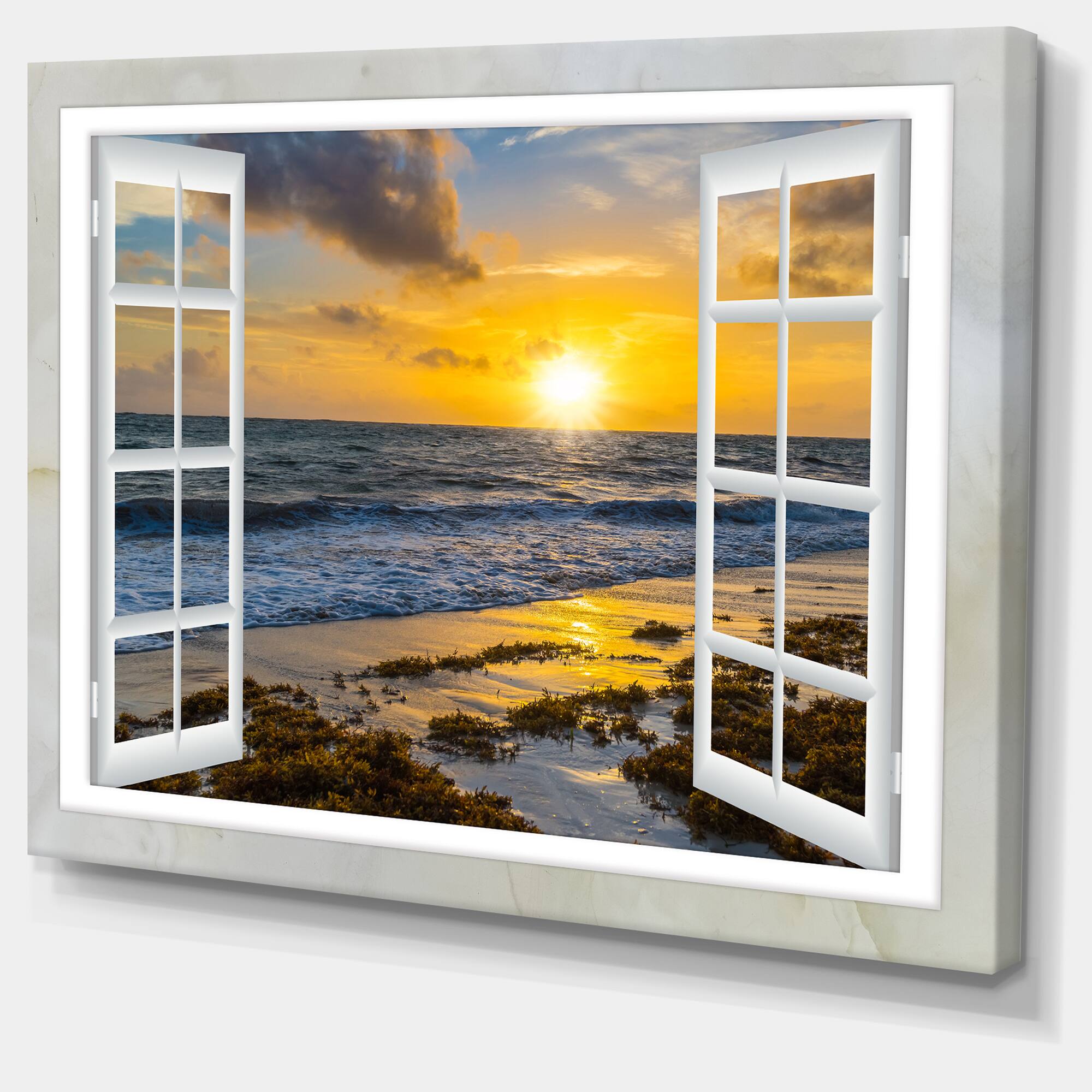 Designart - Open Window to Bright Yellow Sunset - Modern Seascape Canvas Artwork