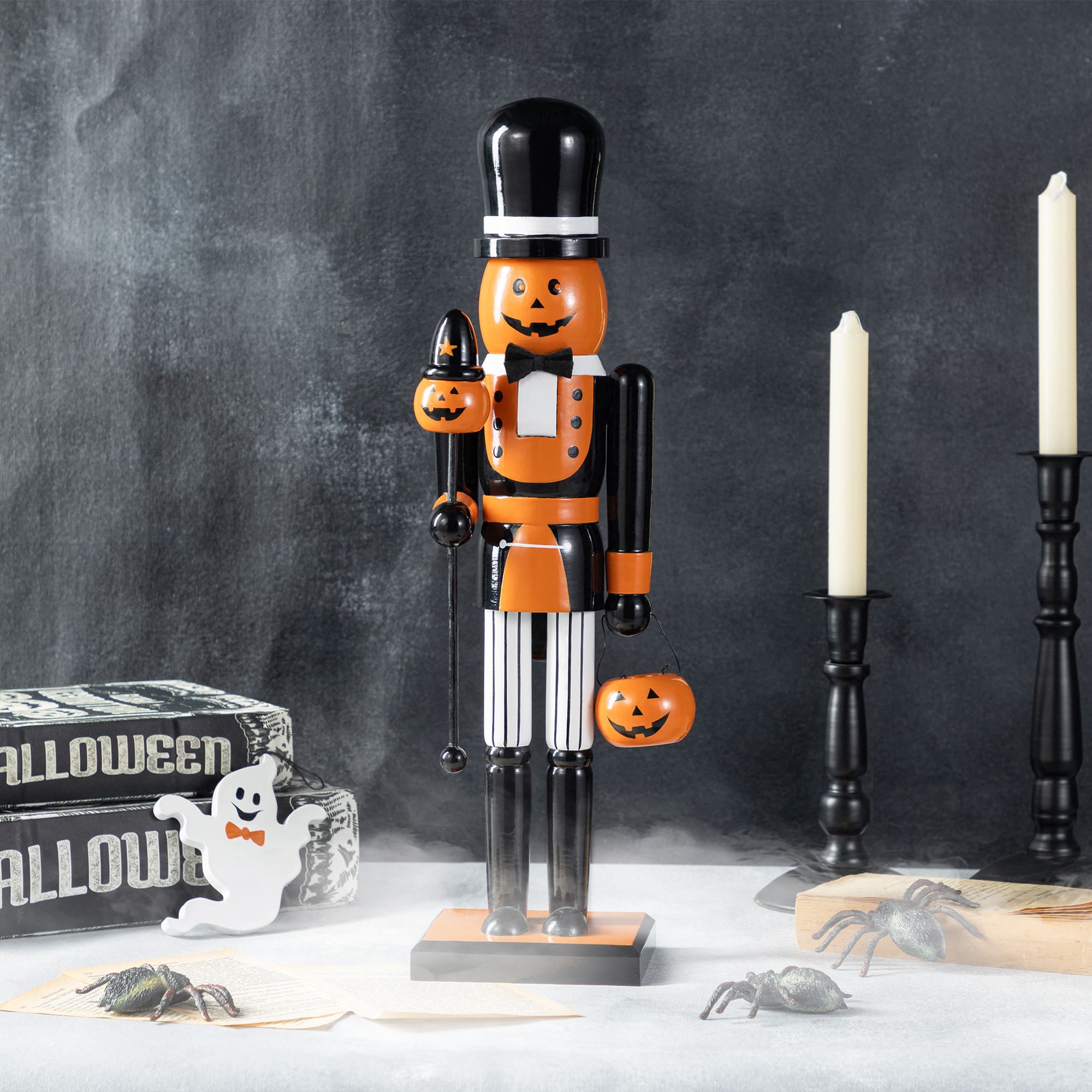 Glitzhome® 18.5"H Halloween Wooden Pumpkin Nutcracker with Ghost Ornament
