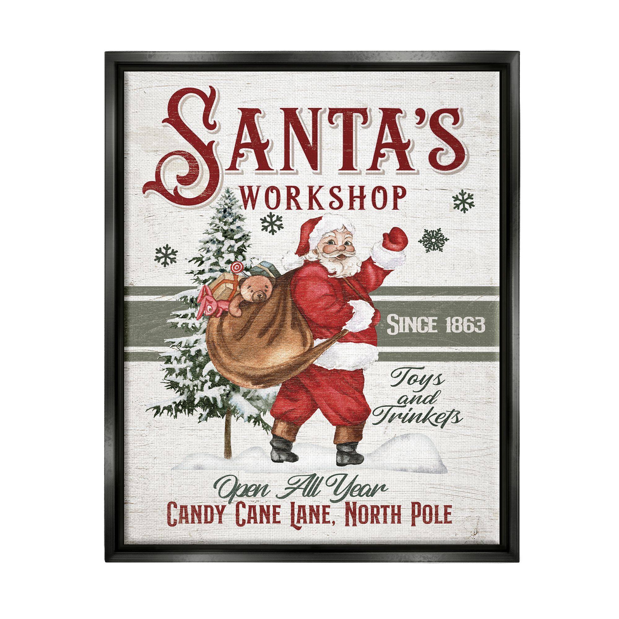 Stupell Industries Santa's Workshop Weathered Vintage Sign Framed Floater Canvas Wall Art