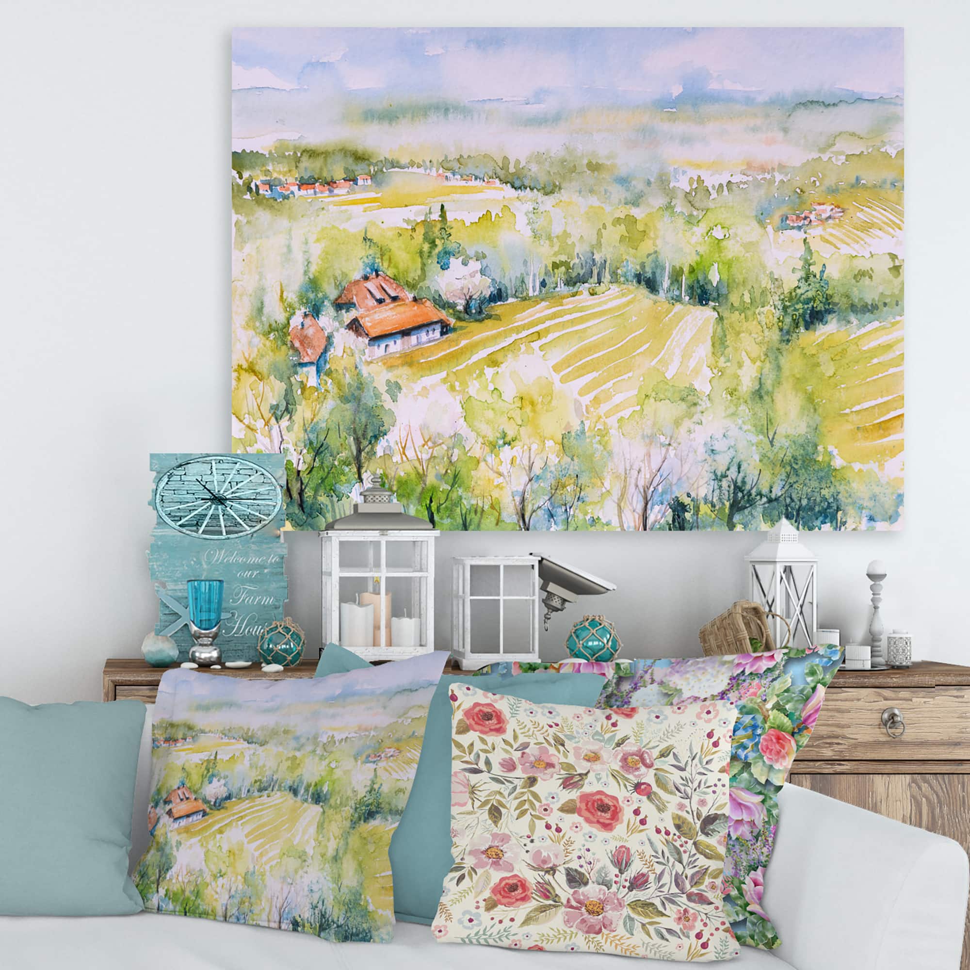 Designart - Blossoming Green Fields In Countryside - Country Canvas Wall Art Print