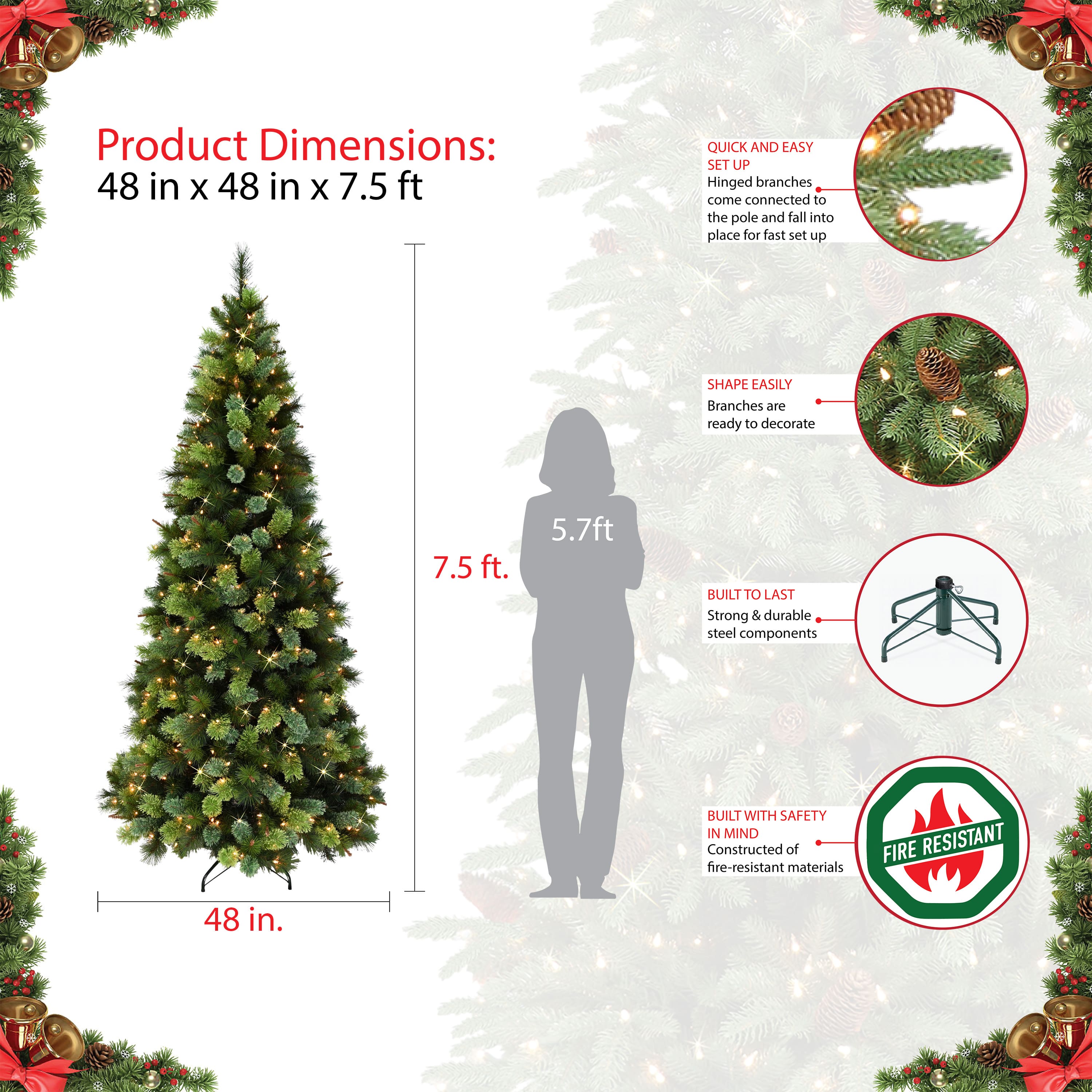 7.5ft. Pre-Lit Slim Portland Pine Cashmere Tips Artificial Christmas Tree, Clear Lights