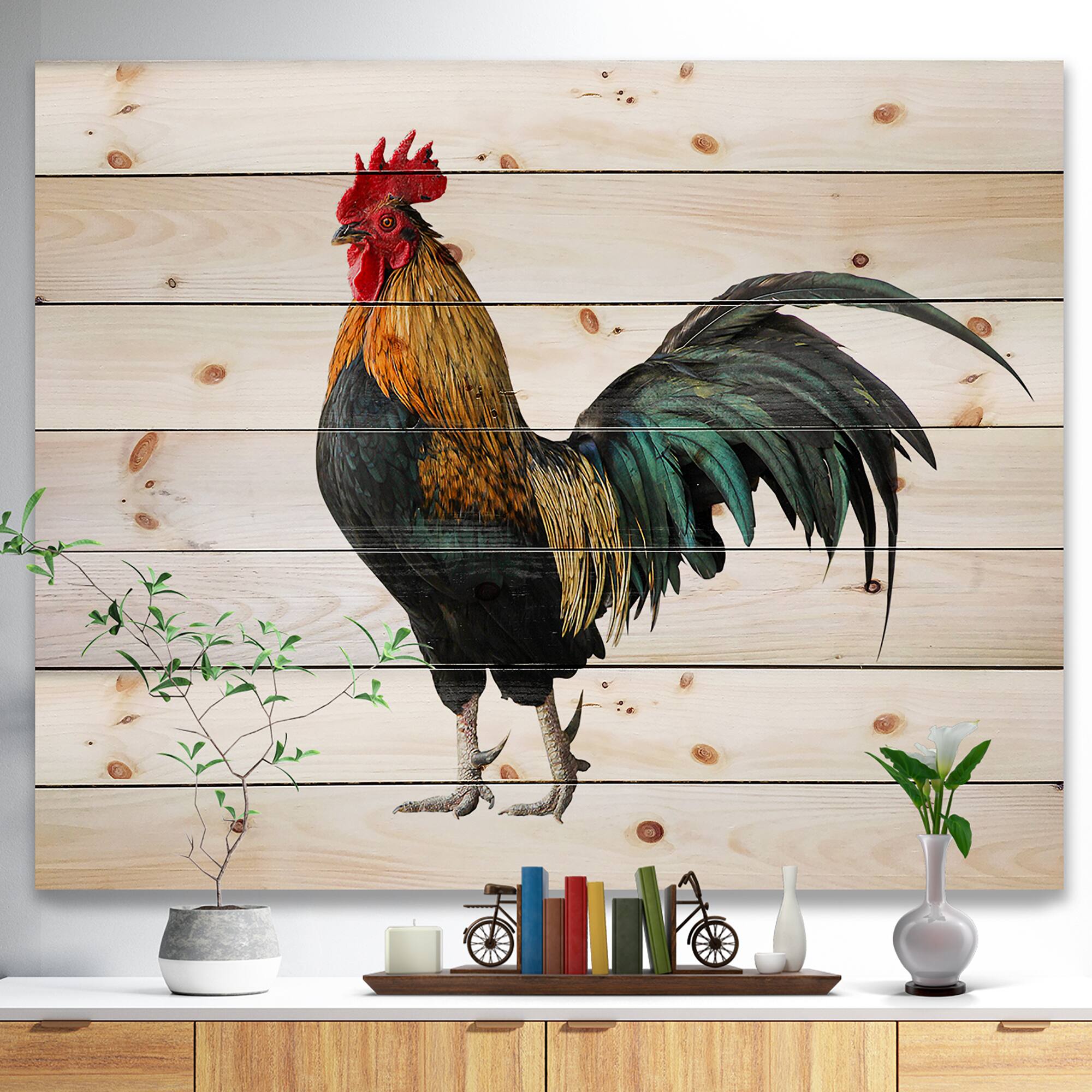 Designart - chicken rooster - Farmhouse Animals of Painting Print on Natural Pine Wood