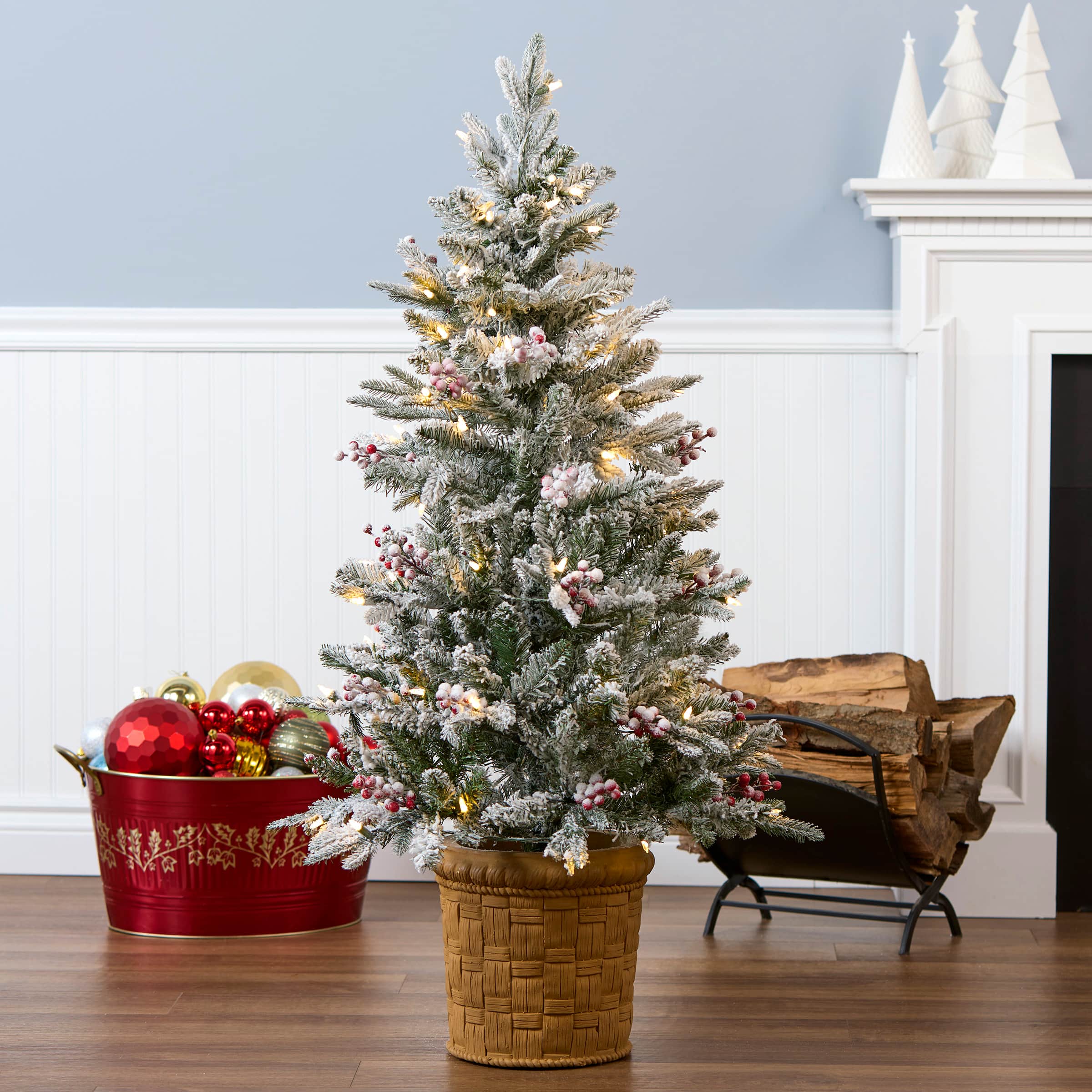 4ft. Pre-Lit Snowy Poechmann Fir Artificial Christmas Entrance Tree with Berries and Pinecones, Warm White LED Lights