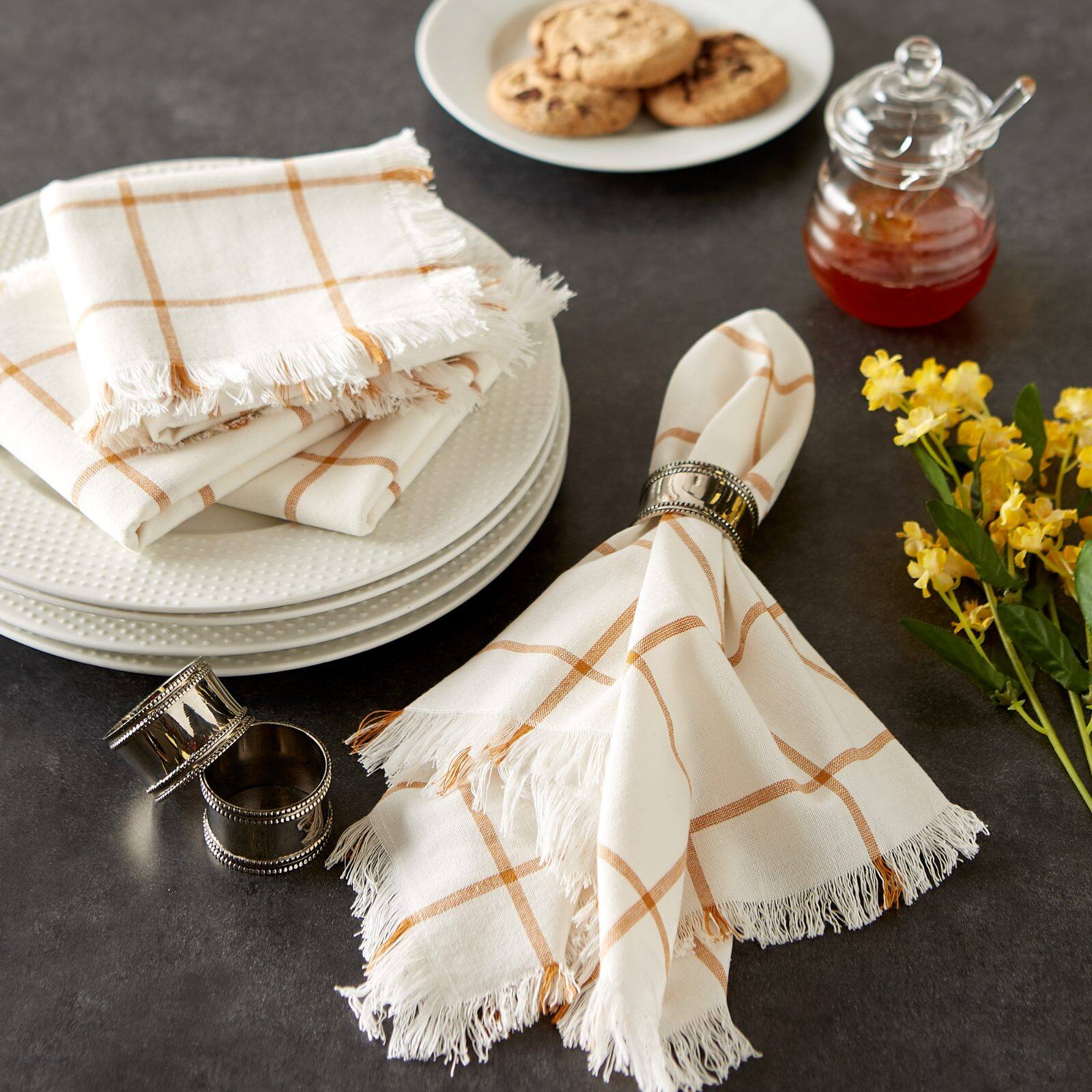 DII&#xAE; Honey Gold Check Fringed Cloth Dinner Napkins, 6ct.