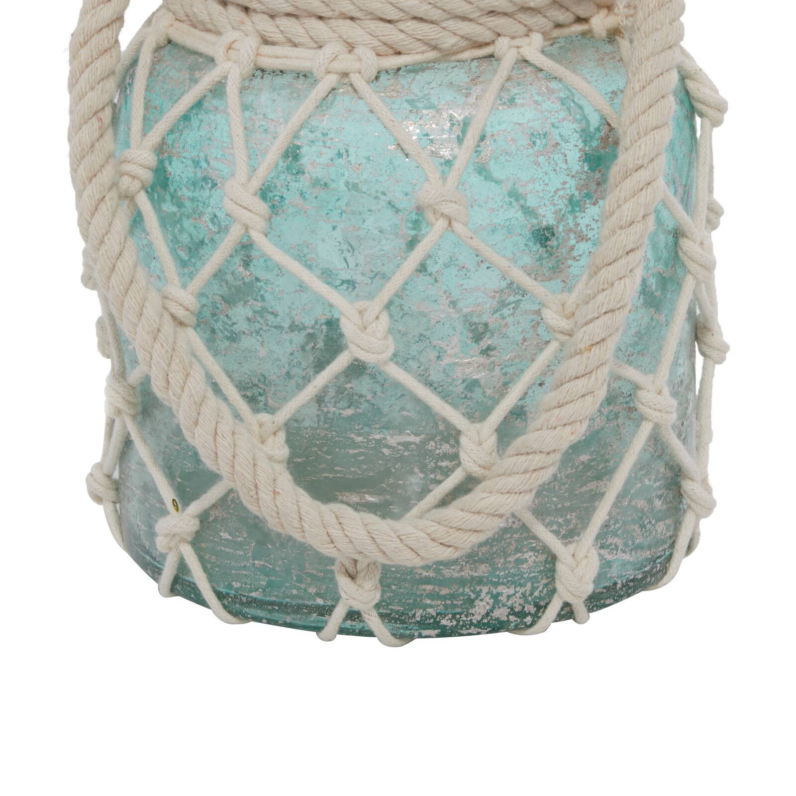 Aquamarine Glass Coastal Candle Holder Lantern, 15" x 7" x 7"