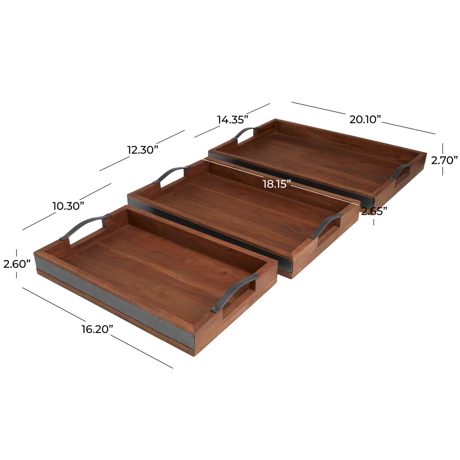 Brown & Black Wooden Nesting Tray with Metal Handles Set