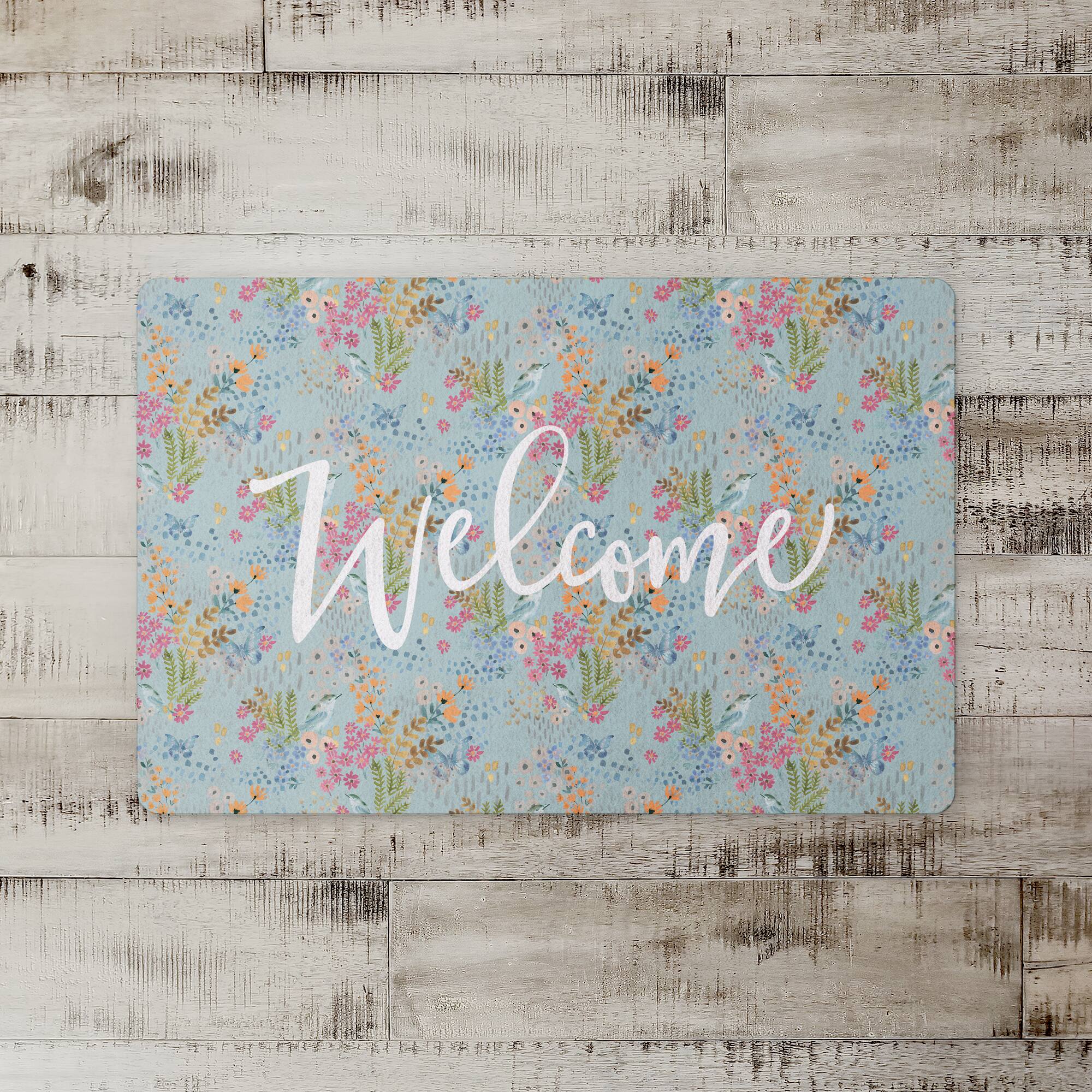 Welcome Butterfly Bird Floral Floor Mat