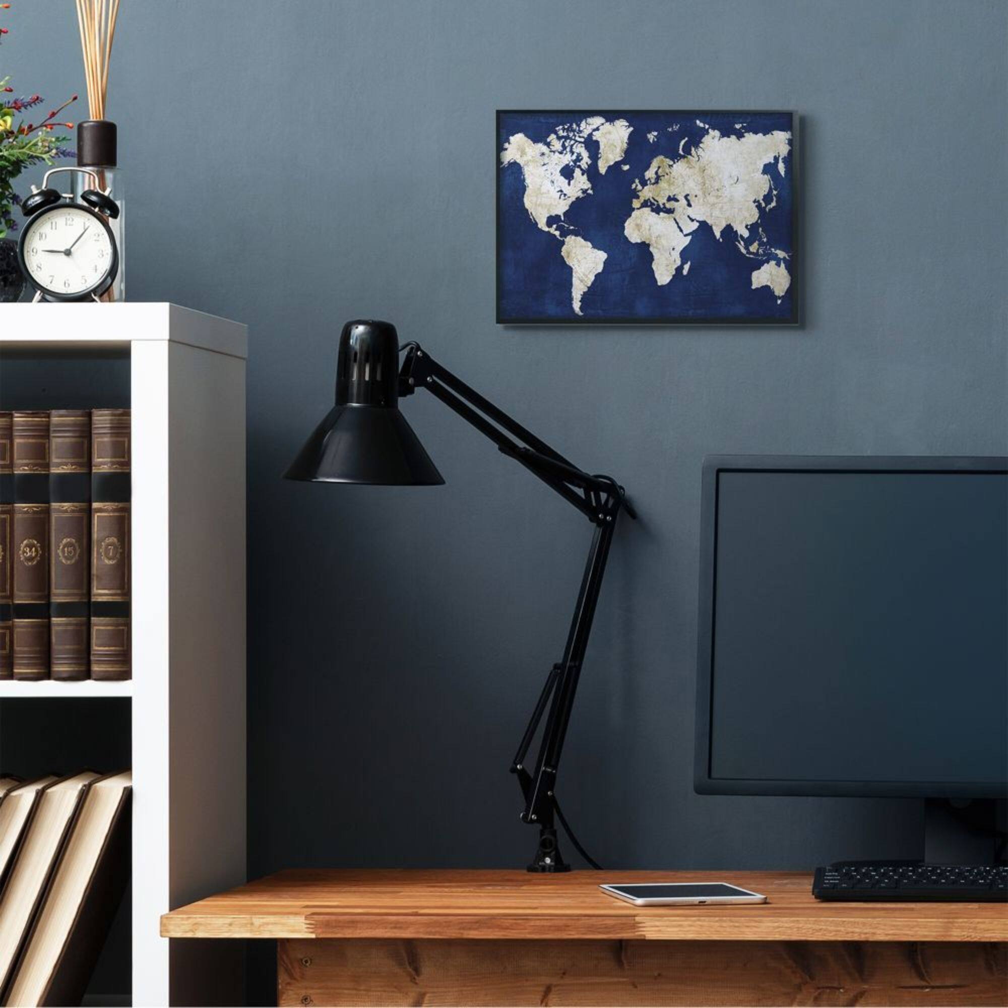 Stupell Industries Navy and Distressed Gold World Map Framed Wall Art