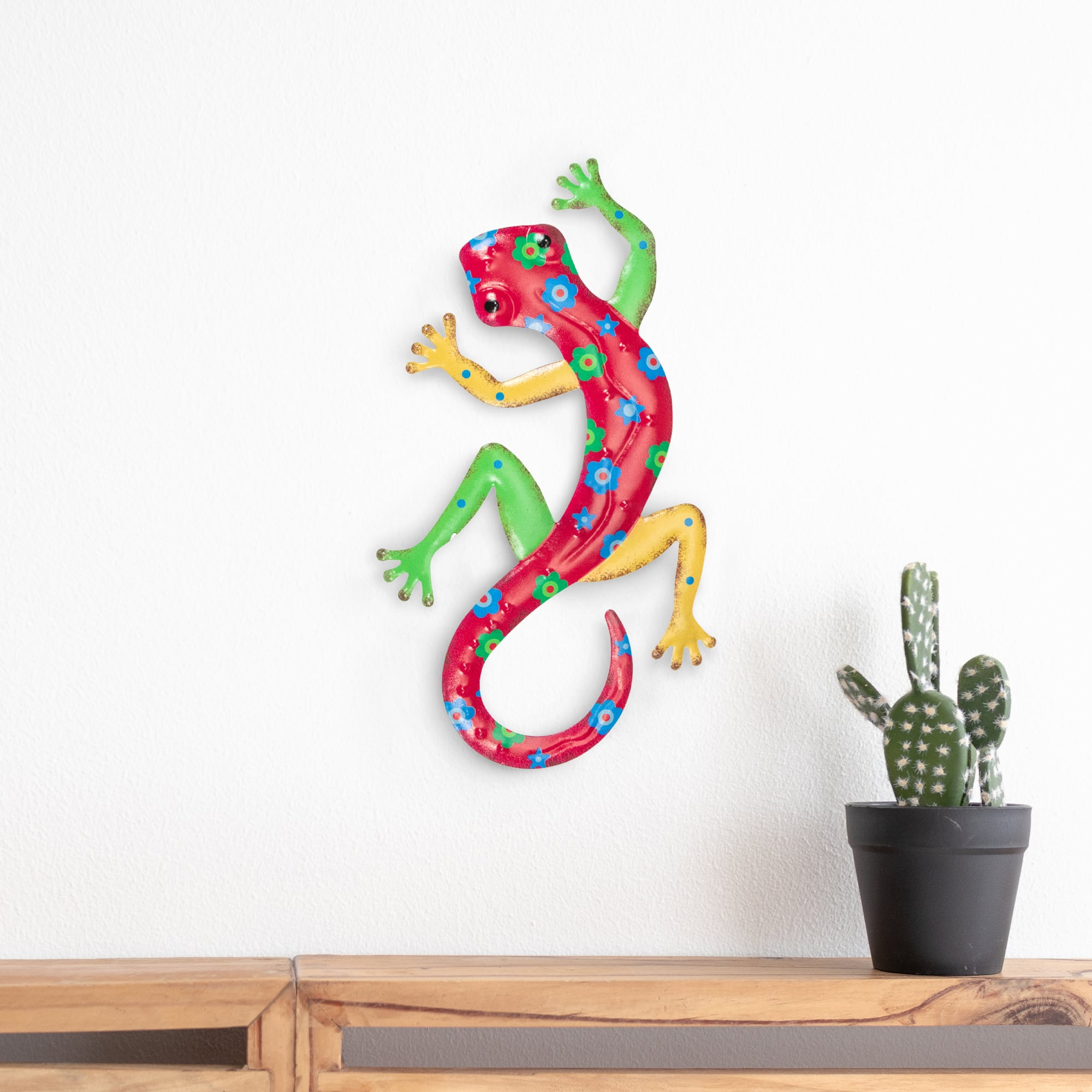 12" Red Floral Metal Outdoor Wall Hanging Lizard