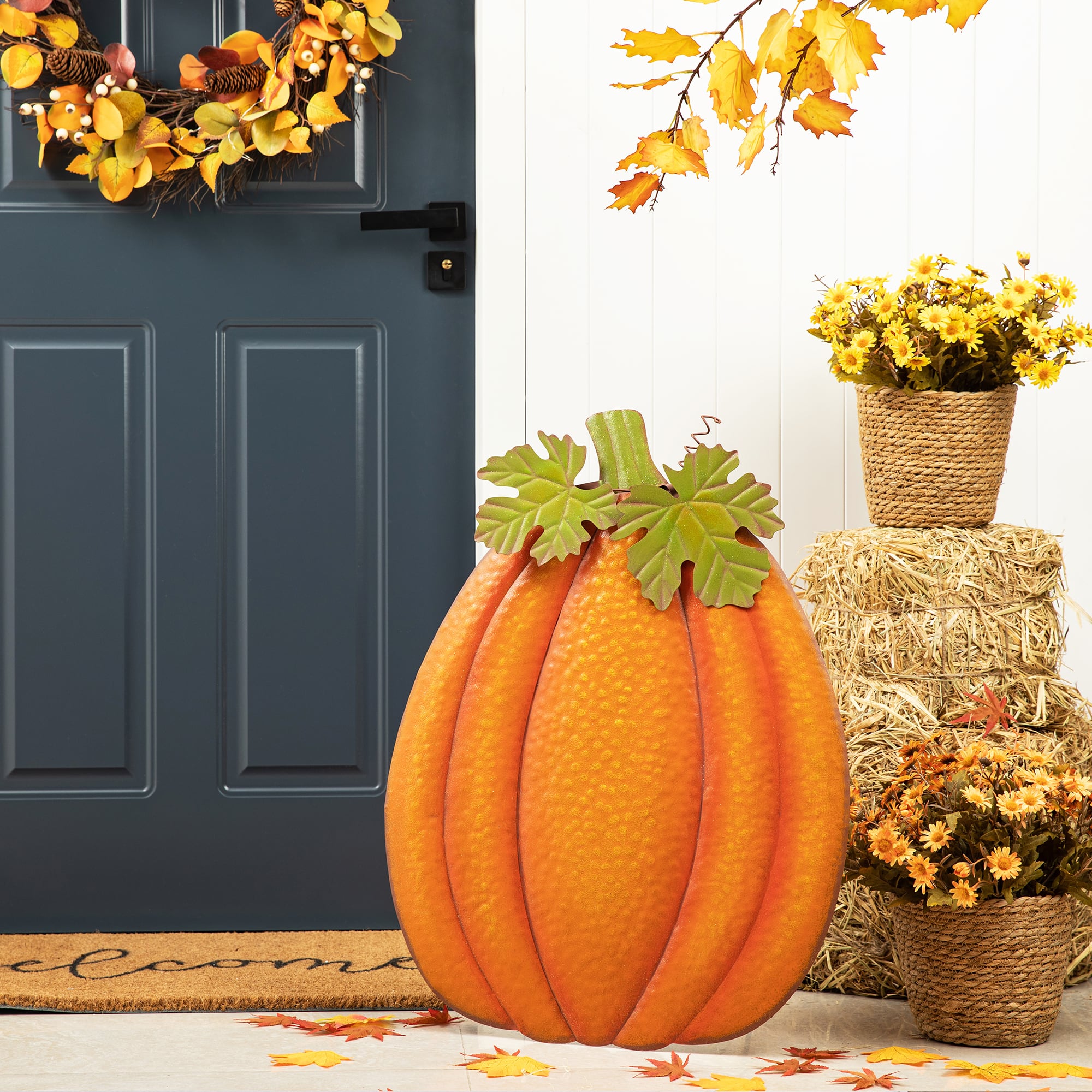 Glitzhome&#xAE; 3ft. Fall Metal Embossed Glitter Pumpkin Yard Stake