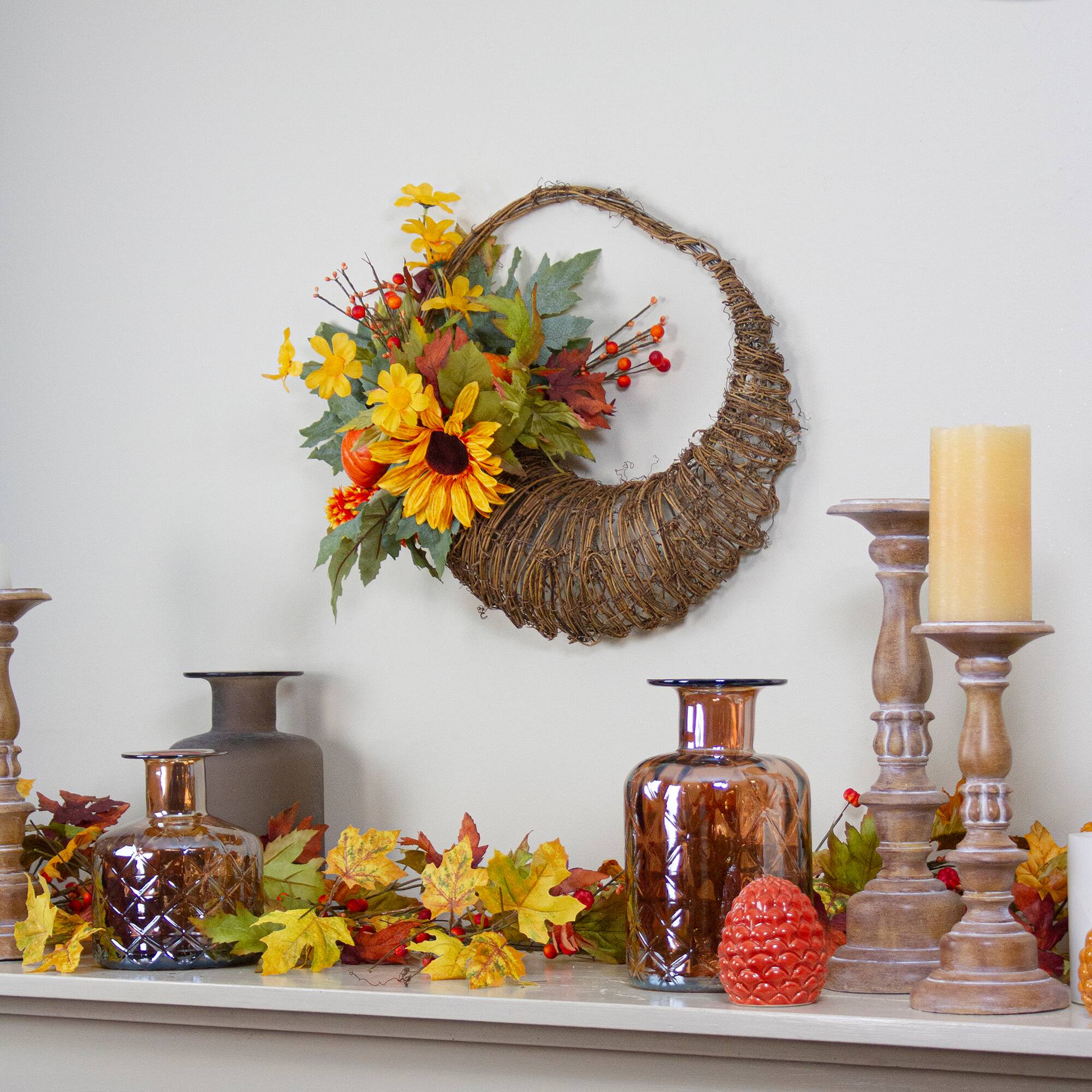 20&#x22; Cornucopia with Sunflower &#x26; Pumpkins Wreath