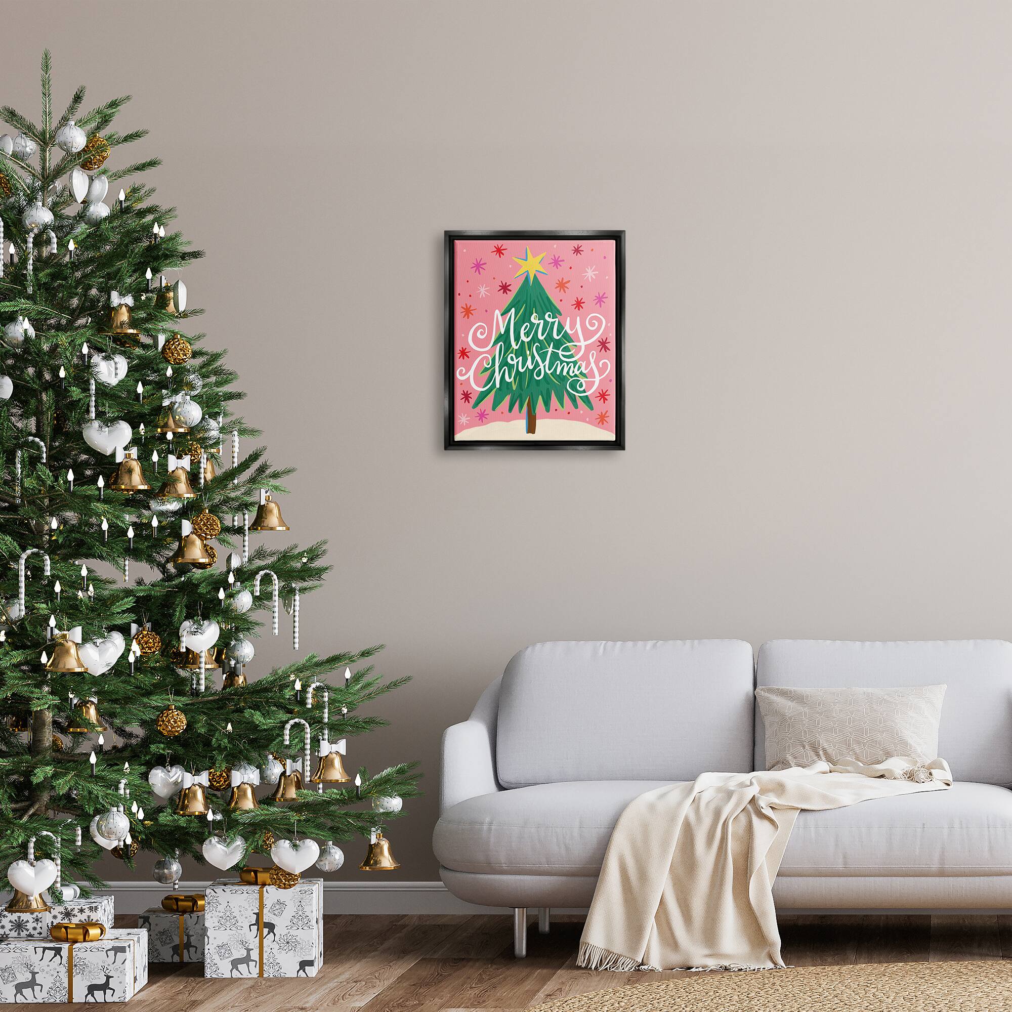 Stupell Industries Merry Christmas Pink Starry Pattern Framed Floater Canvas Wall Art