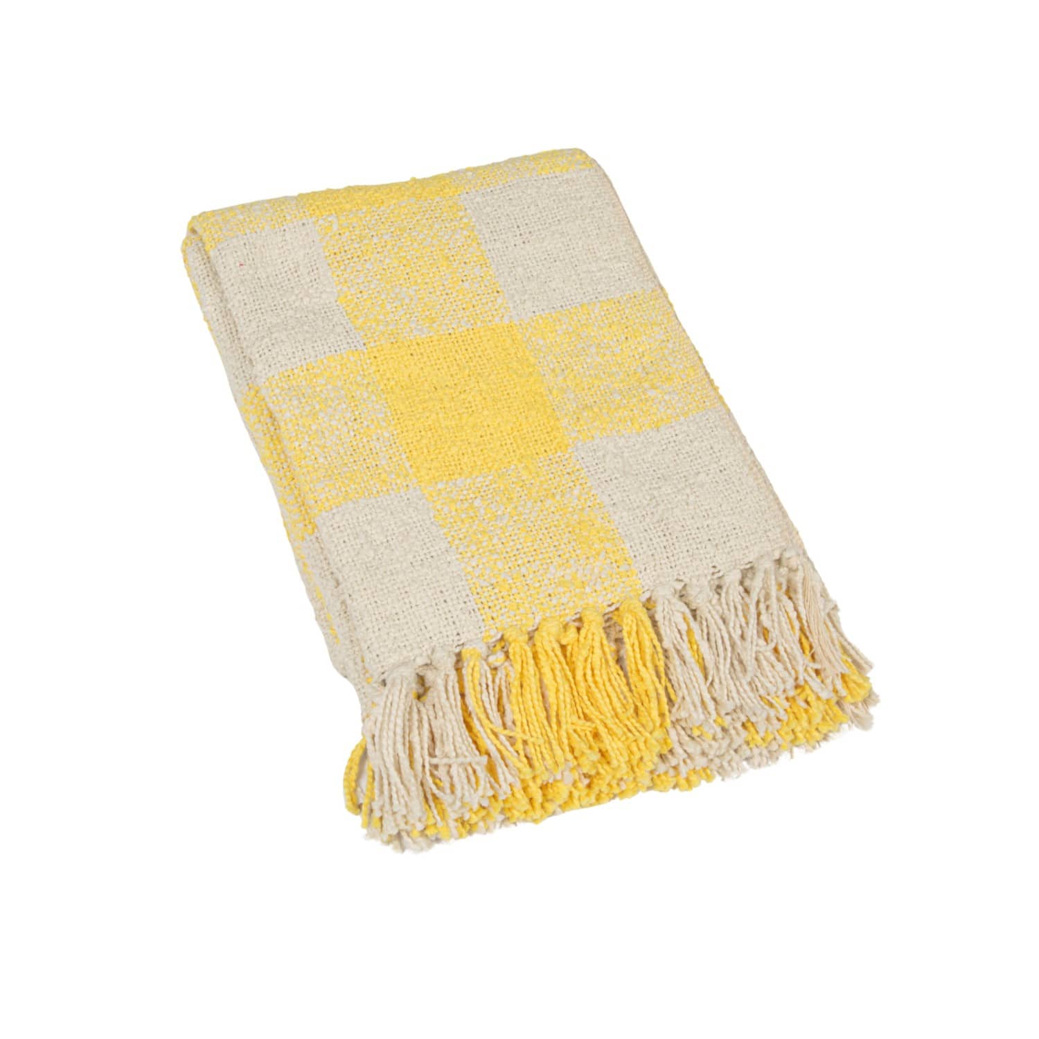 Yellow &#x26; Cream Plaid Hand-Woven Cotton Throw with Fringe