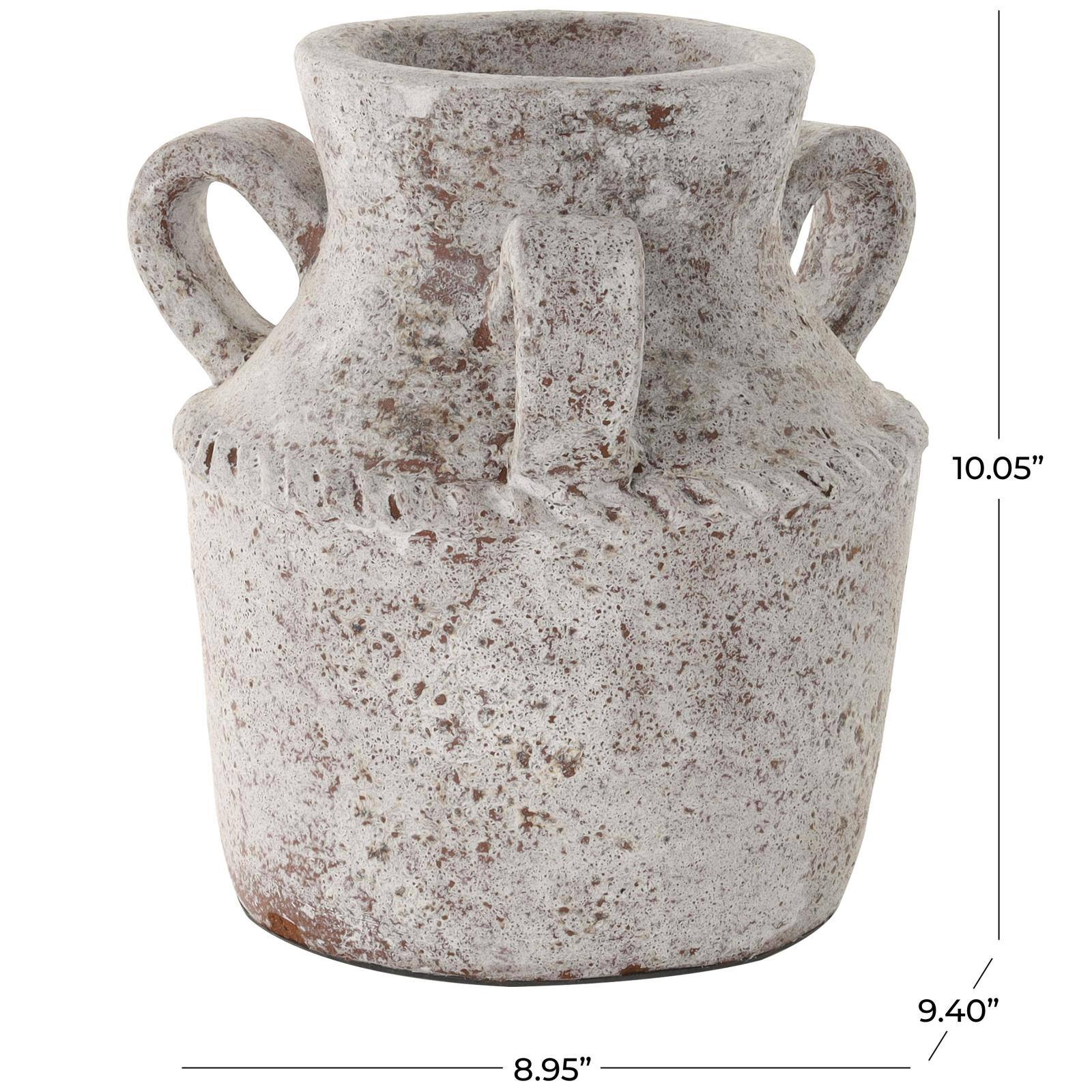 10" Cream Antique-Style Textured Ceramic Vase with Arched Handles