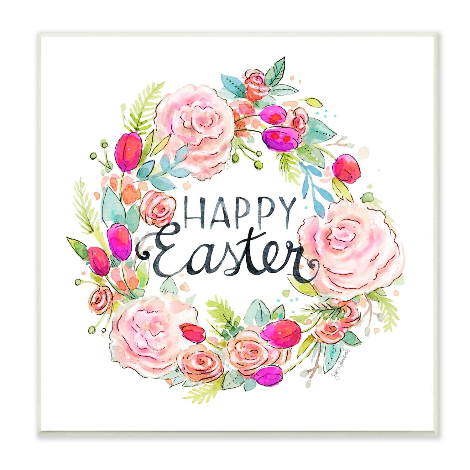 Stupell Industries Happy Easter Vivid Pink Floral Blossom Border Wall Plaque Art