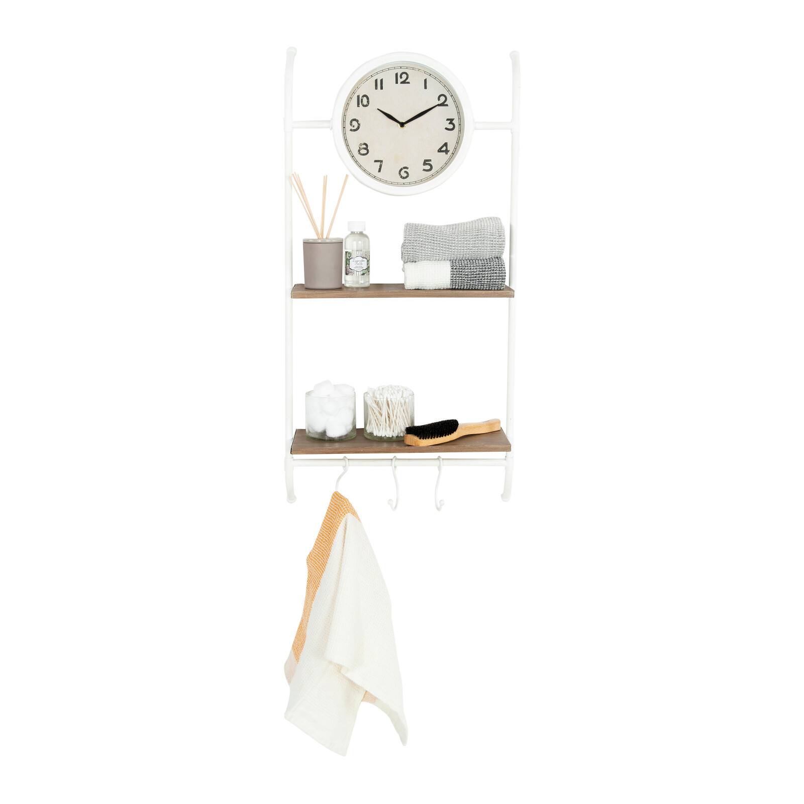 Hello Honey&#xAE; White Wall Clock with 2 Shelves &#x26; 3 Hooks