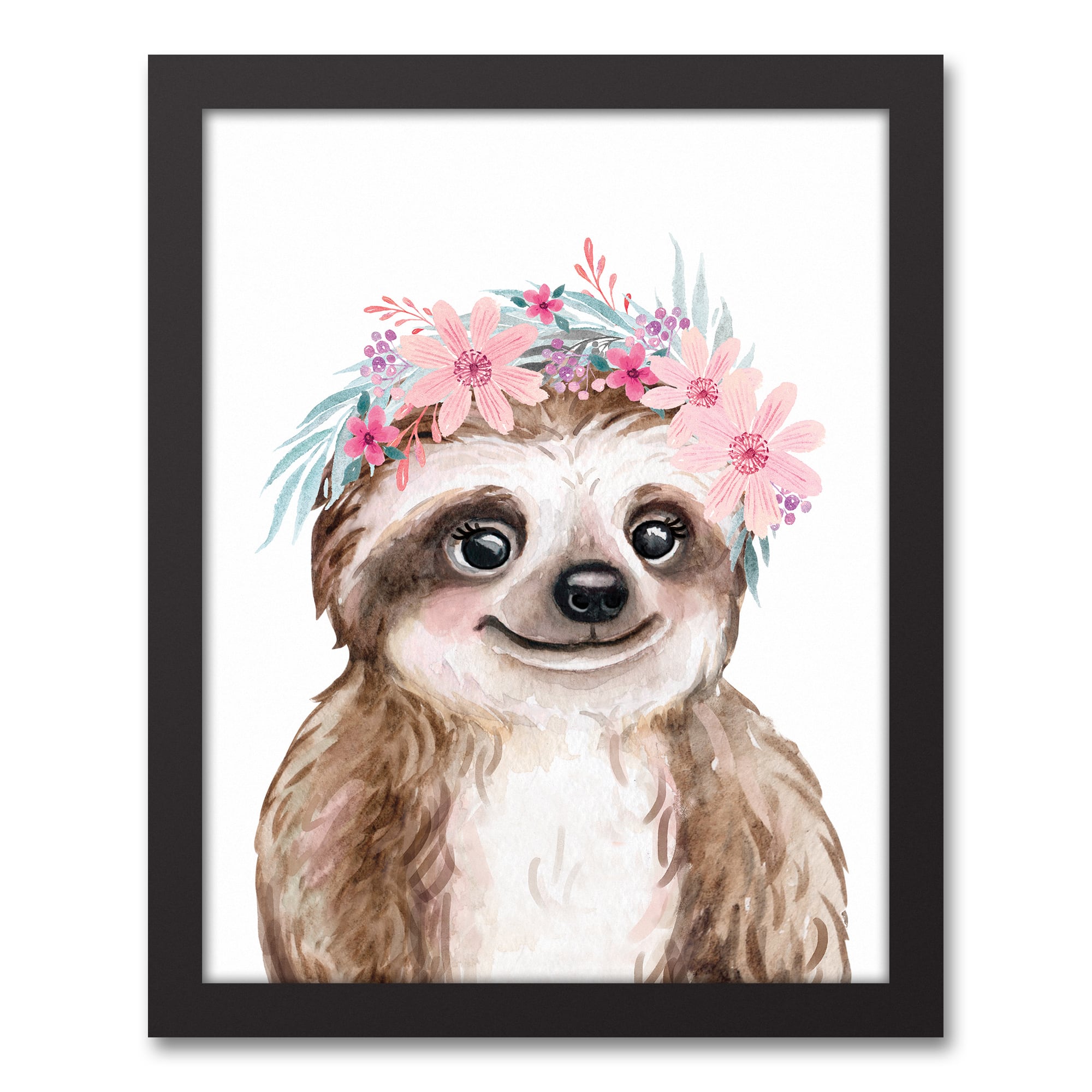 Sloth With Flowers 12.73&#x22; x 15.73&#x22; Black Framed Canvas