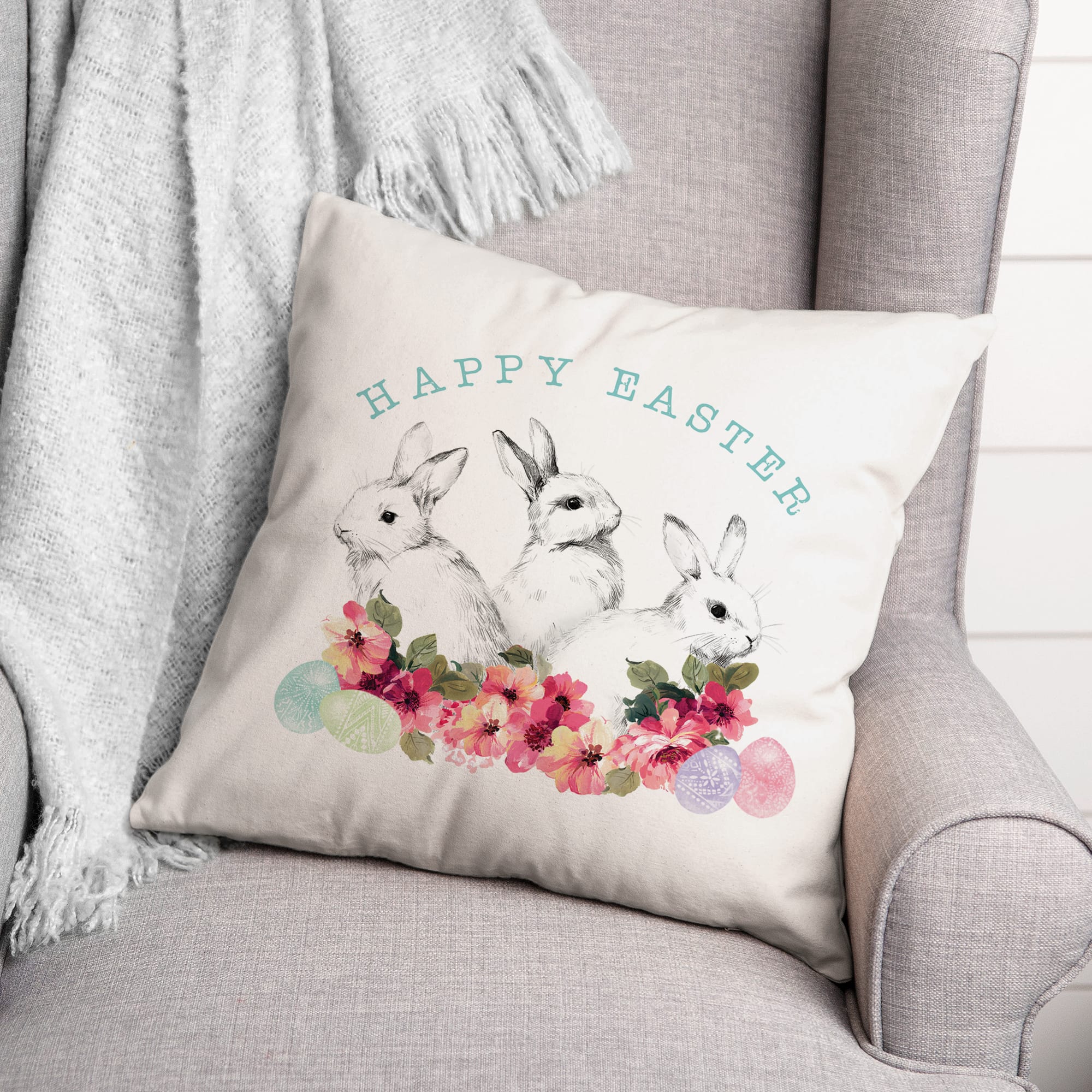 Sketched Easter Bunnies Flowers Throw Pillow