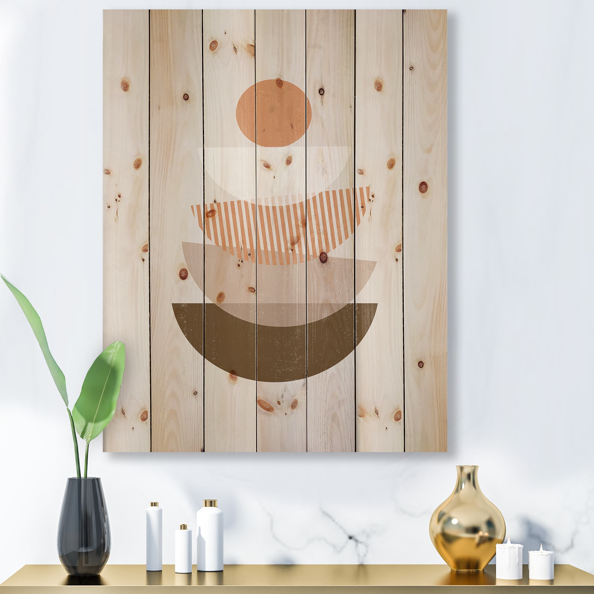 Designart - Abstract Sun & Moon Geometrics In Terracotta I - Modern Print on Natural Pine Wood