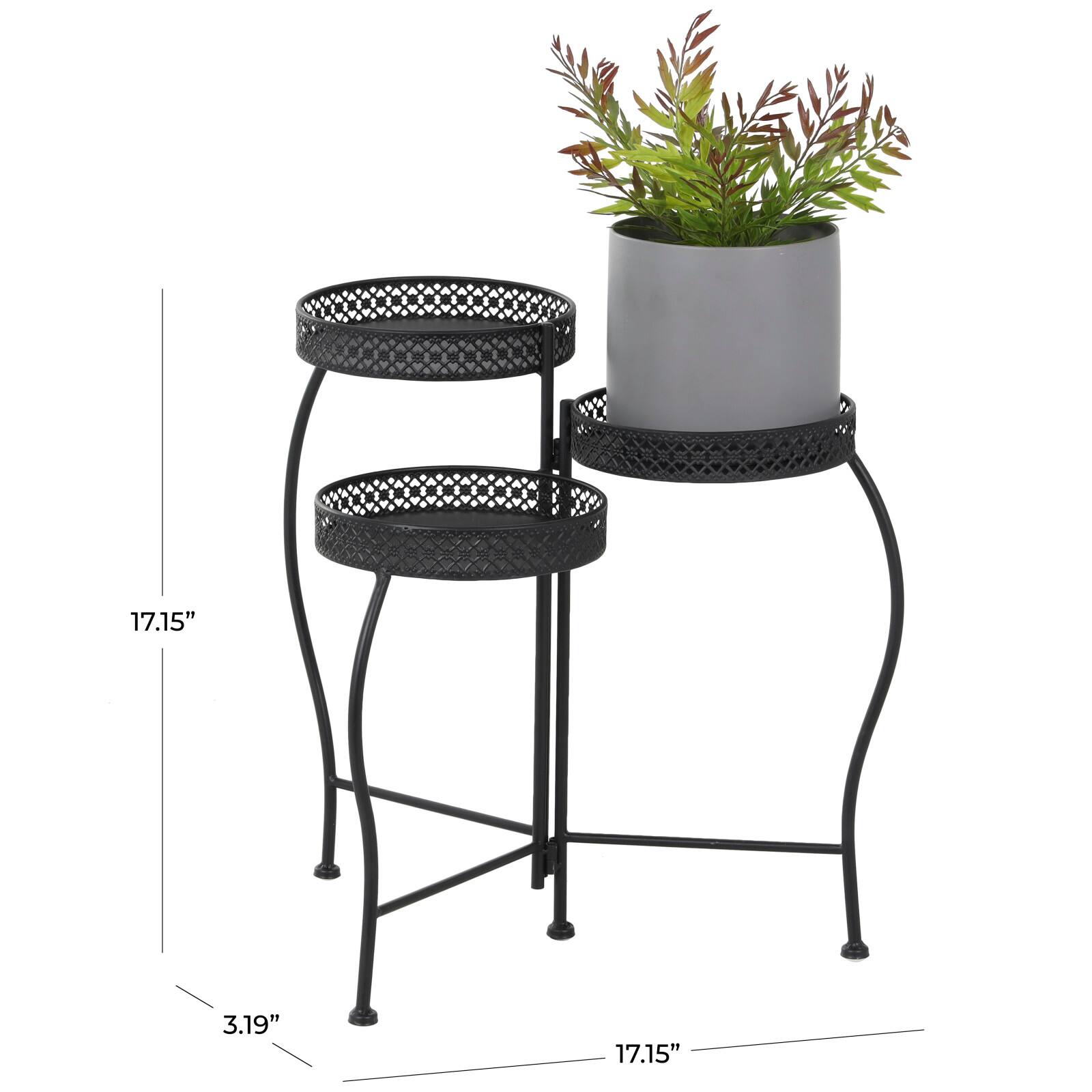 20" Metal Curved Folding 3-Tier Plant Stand with Floral & Scroll Patterns